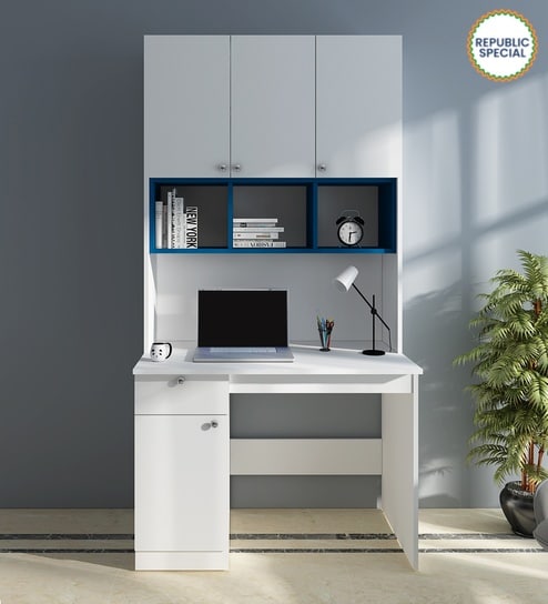 Fusion Hutch Desk in Frosty White And Blue Finish