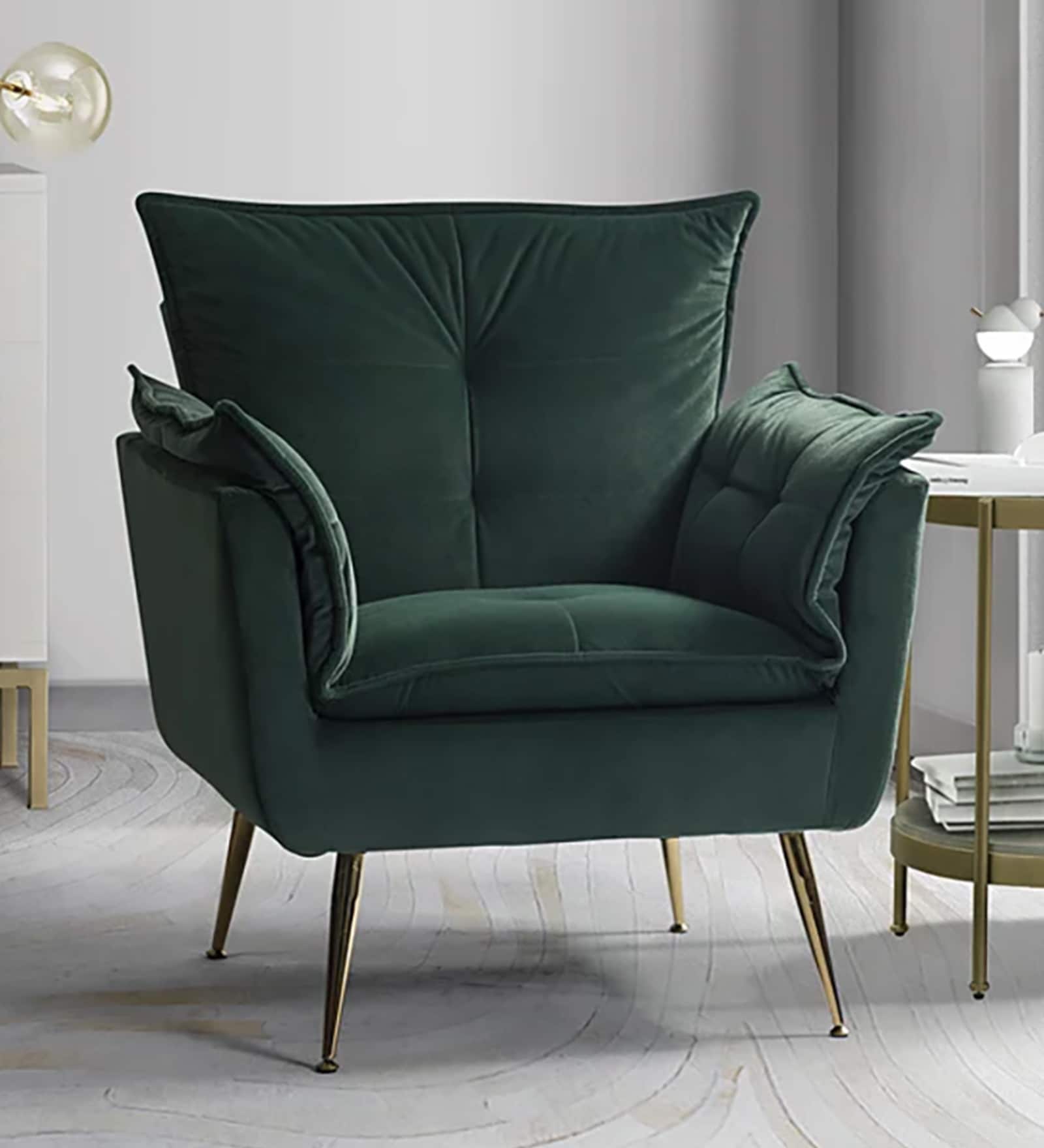 Fyn Velvet Lounge Chair In Green Colour