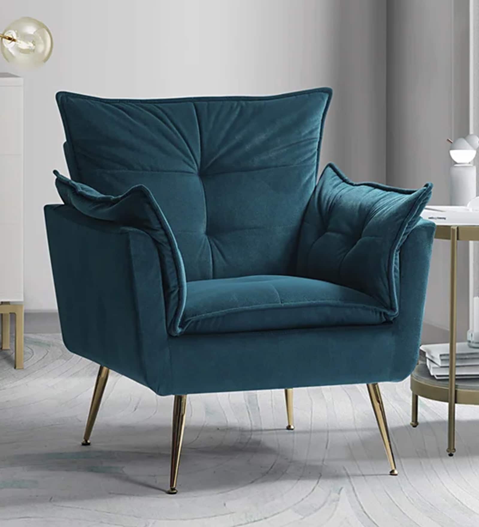 Fyn Velvet Lounge Chair In Teal Colour