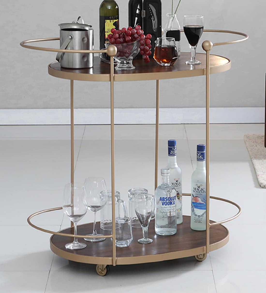 Buy Lamego Metal Bar Trolley in Provincial Teak & Golden Finish at 7