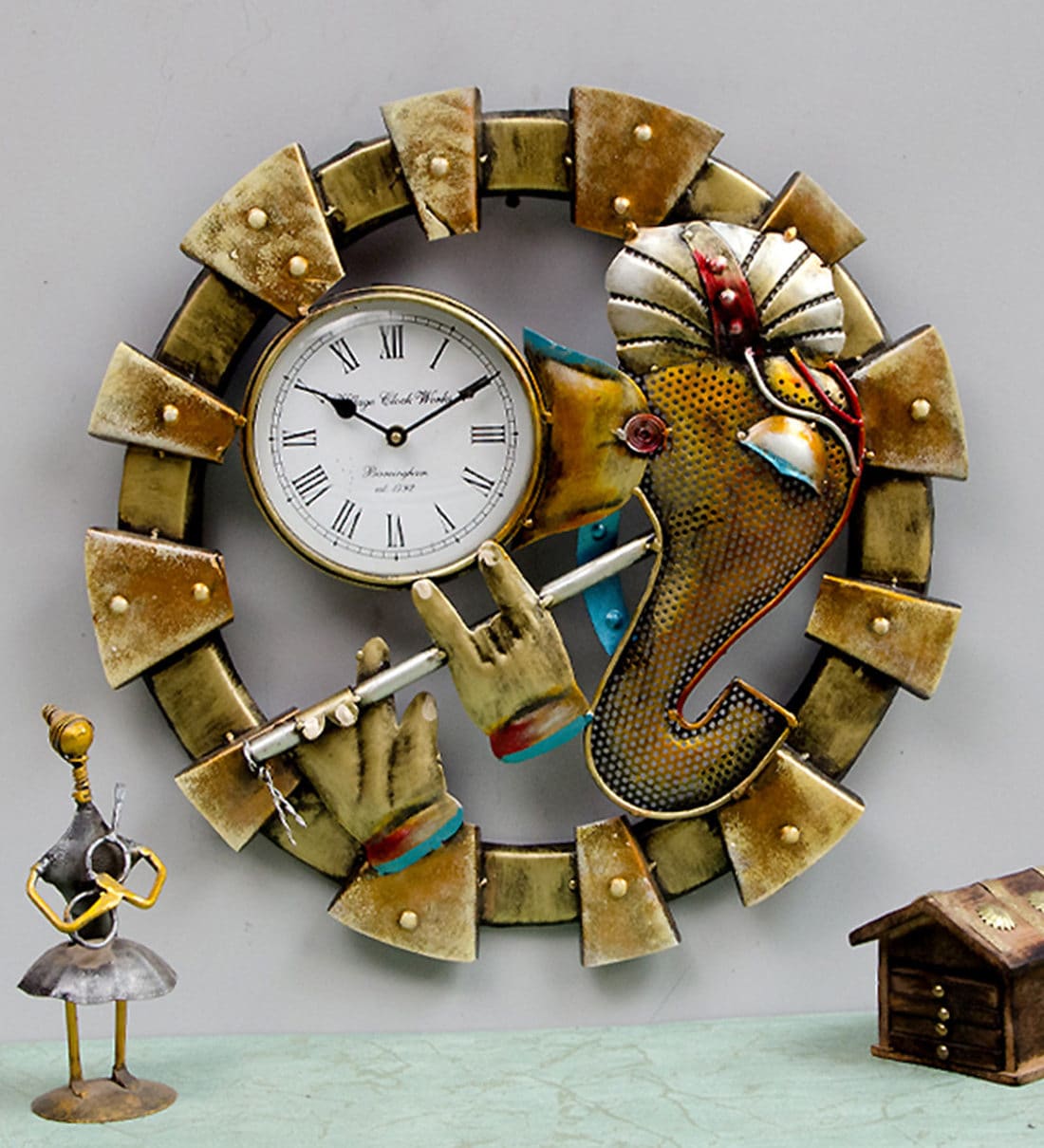 Buy Ganesha Iron Clock In Brown By Nandani Wood Online