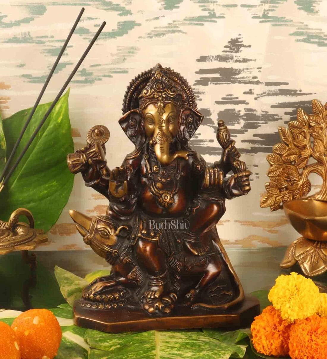 Buy Ganesha On Mooshak Brass Religious Idol by BudhShiv Online