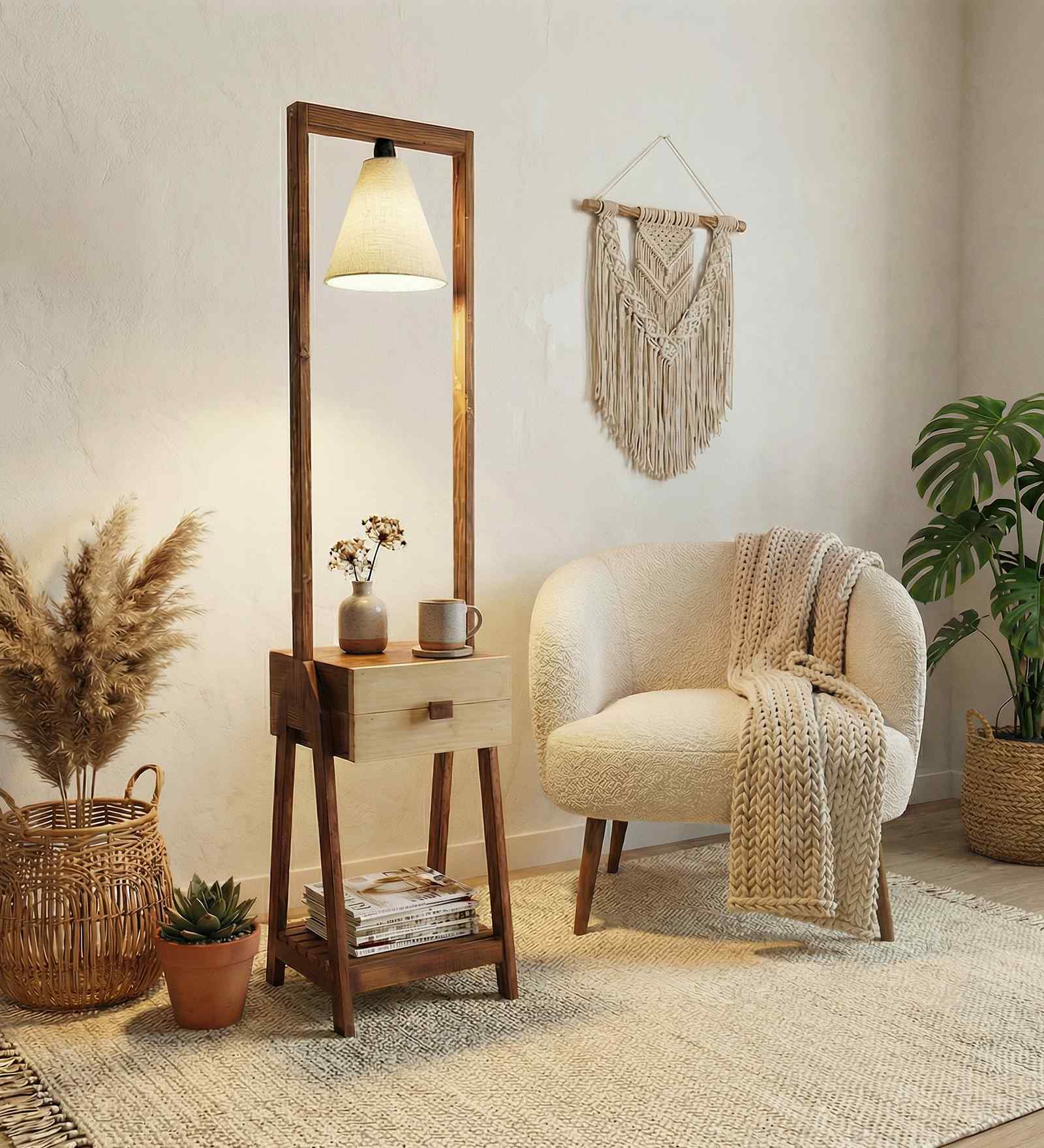 Gabrielle Wooden Shelf Floor Lamp with Jute Shade & Brown Base