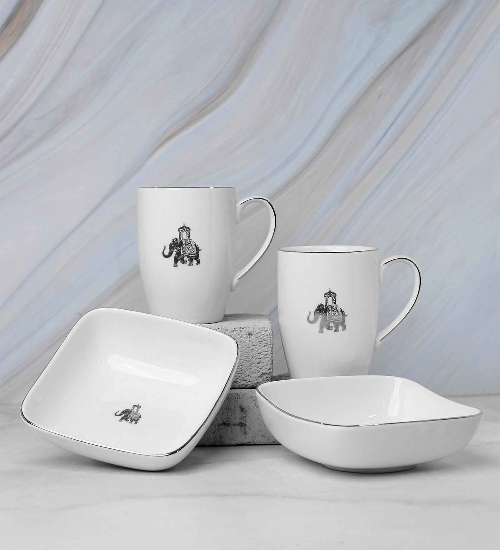 Gaj Platinum rim 2 Mugs & 2 Square bowl (curved shape) Set of 4