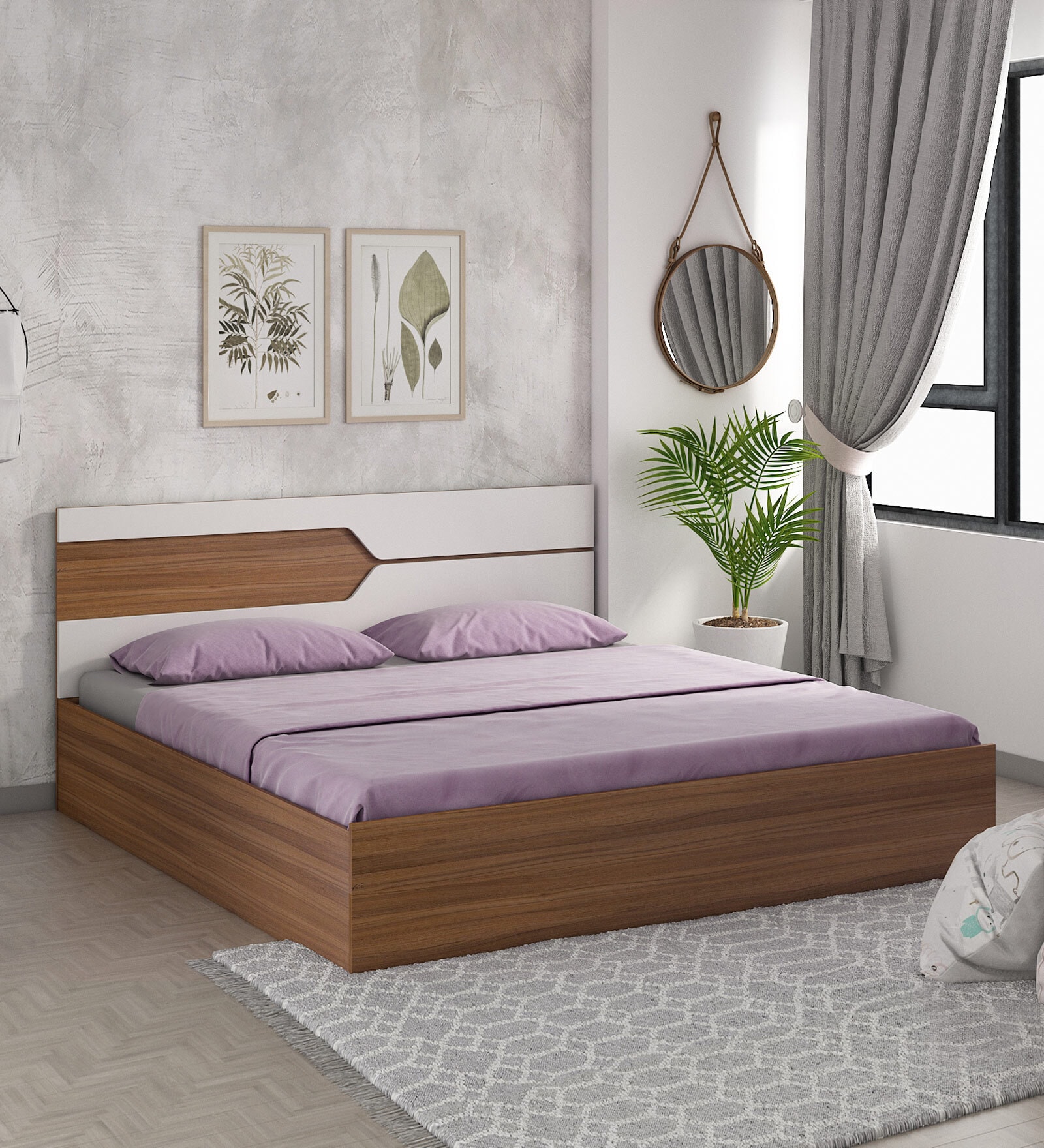 Galaxy Queen Size Bed In Exotic Teak & Frosty White Finish With Box Storage