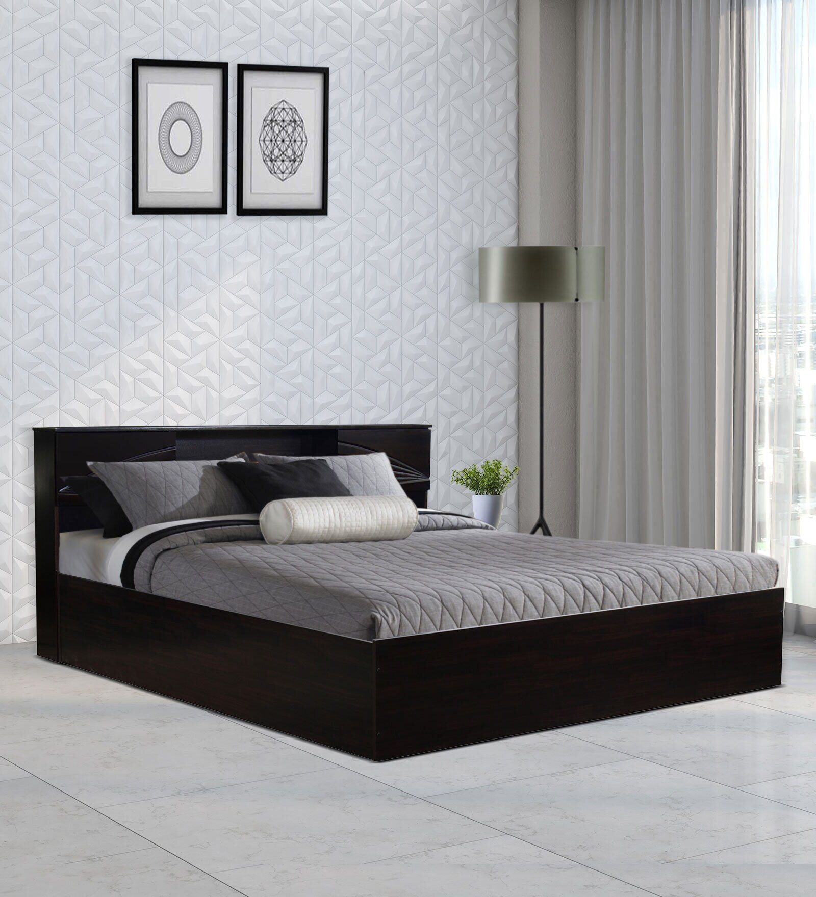 Galene King Size Bed in Wenge Finish with Headboard & Box Storage with 1 BedSide Table