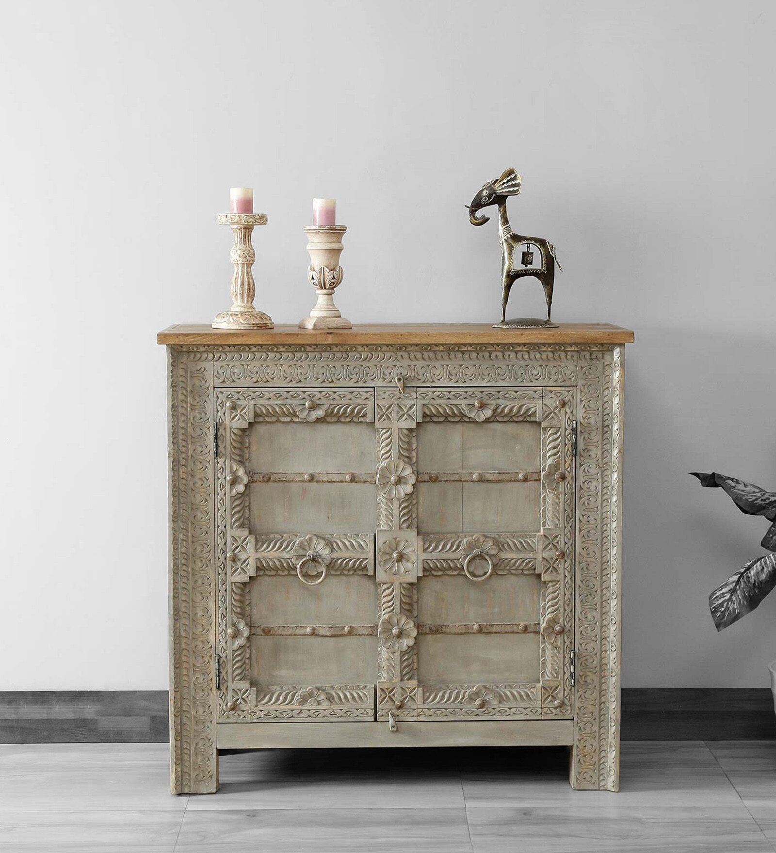 Galina Solid Wood Cabinet In Grey & Natural Colour