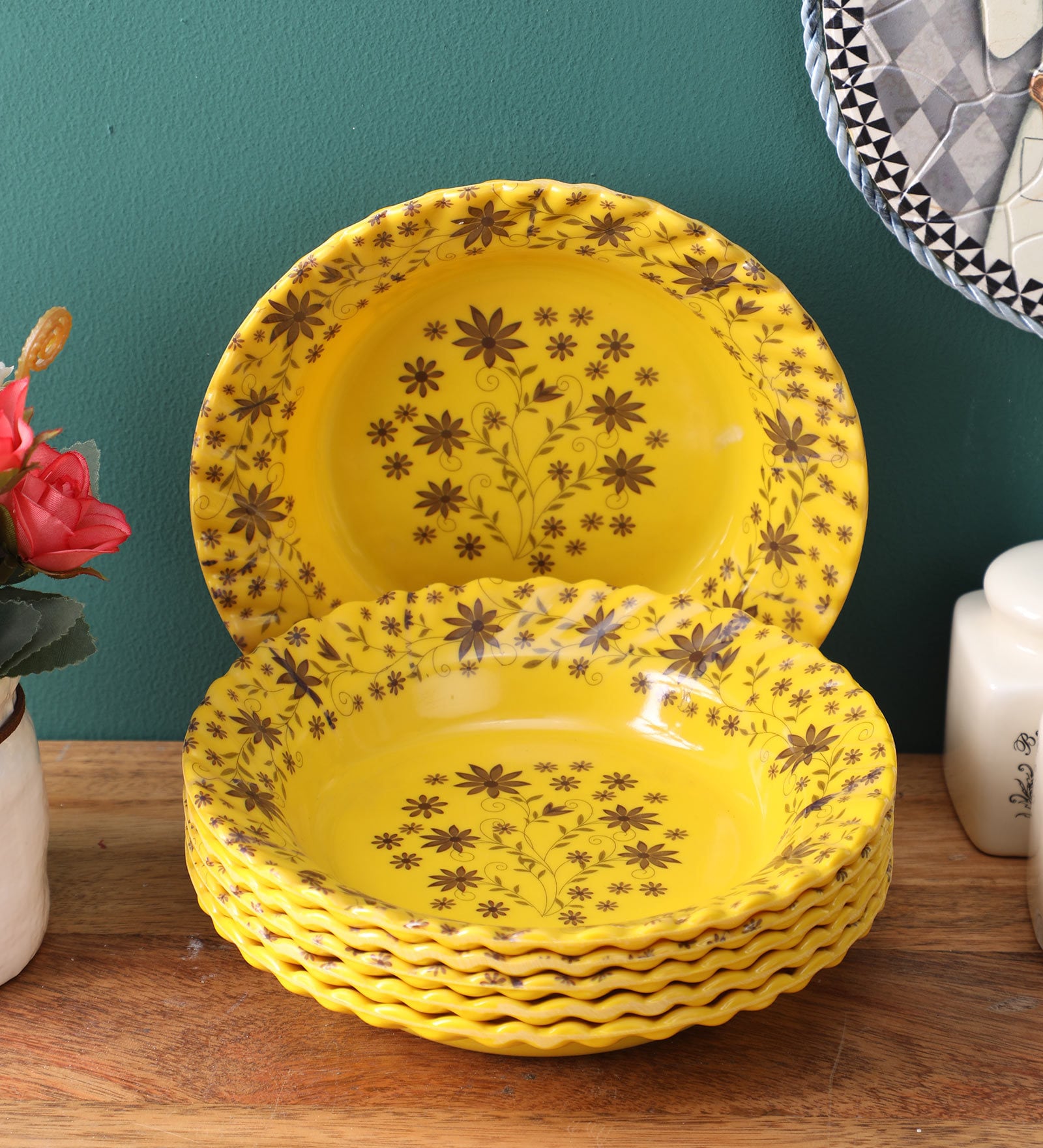 Yellow Floral Melamine (Set of 6) Quarter Plates