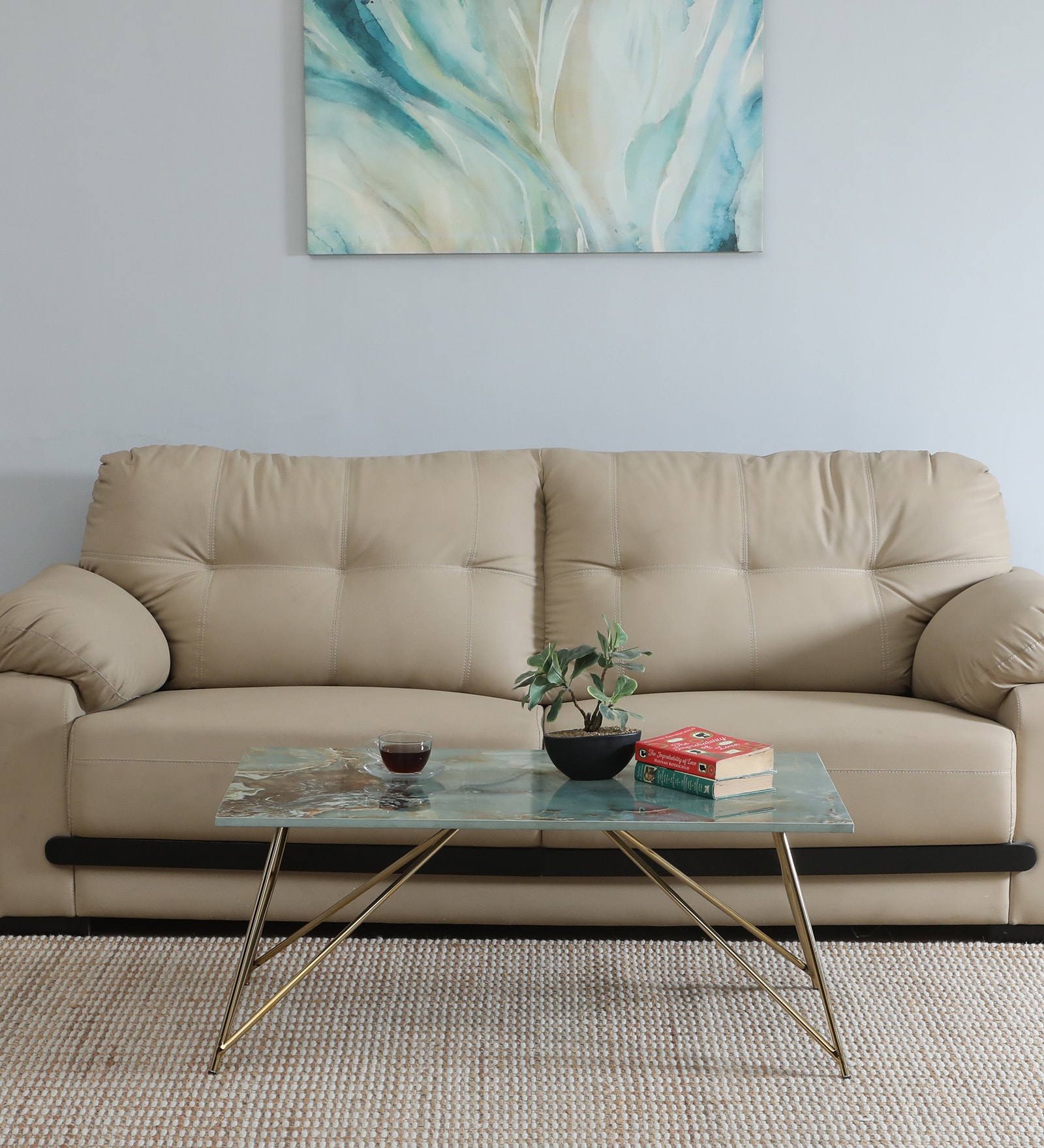 Galliano Metal Coffee Table In Matte Gold Finish With Onyx Green Porcelain Top