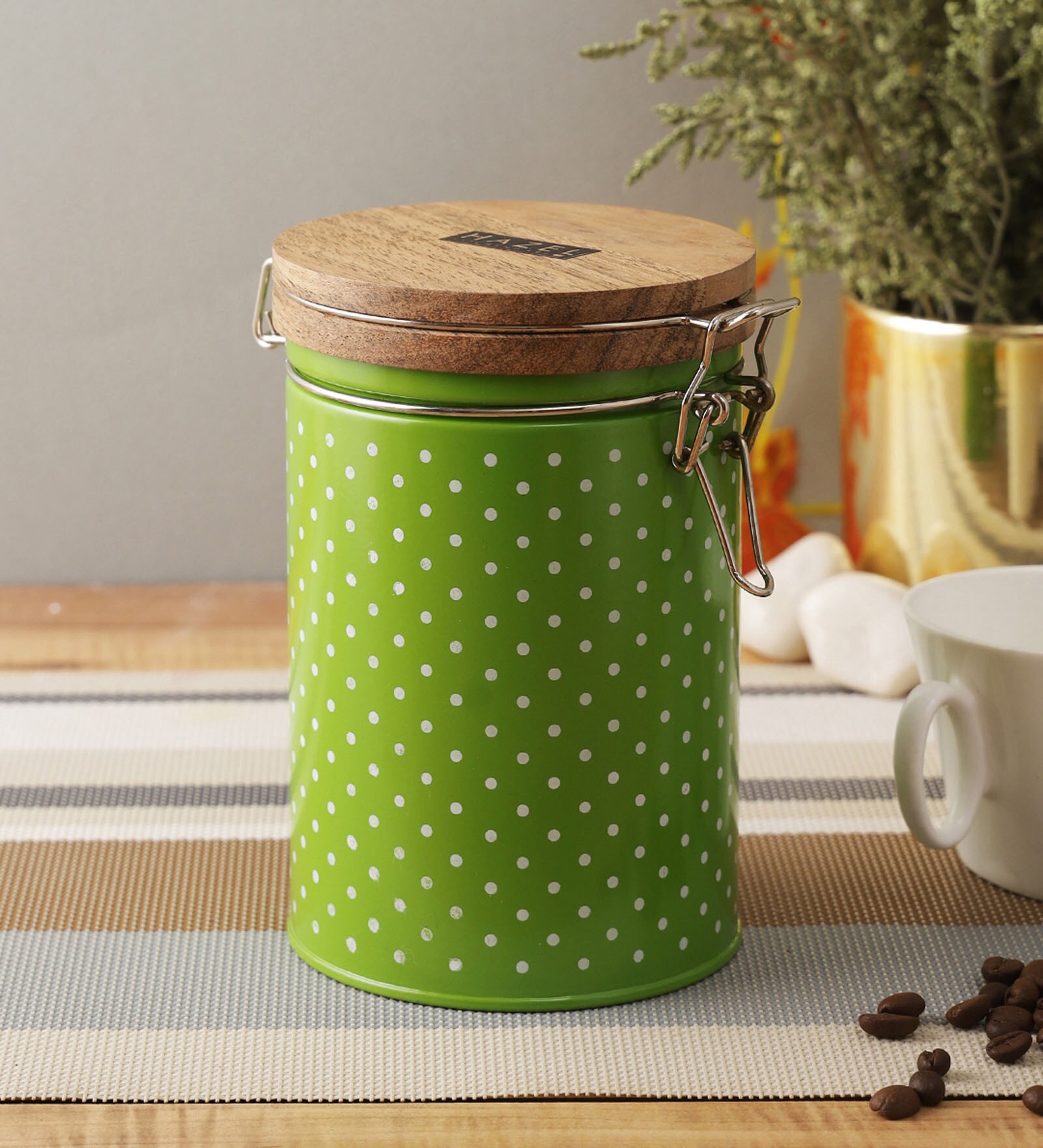 Galvanized Steel 1.13Ltr ml Green Polka Dot Container (Set of 4 )