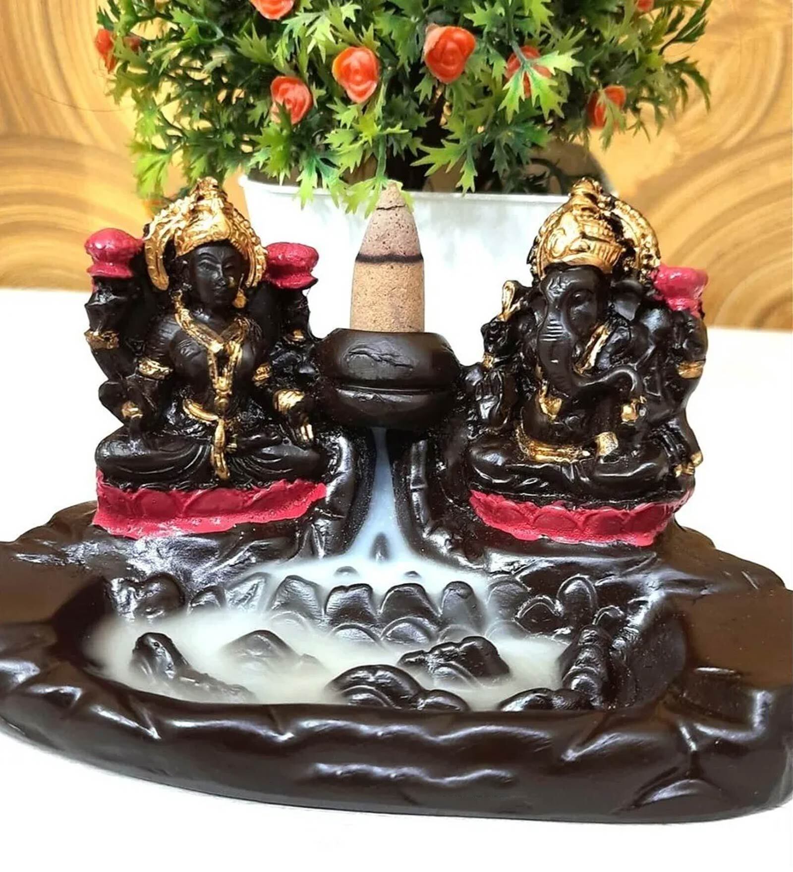 Ganesh & Laxmi Idol Resin Incense Burner (Black)