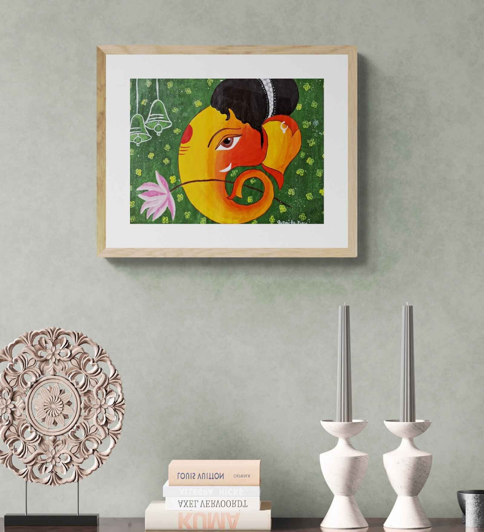 Ganesh With Lotus Handmade Acrylic Paint On Canvas Unframed