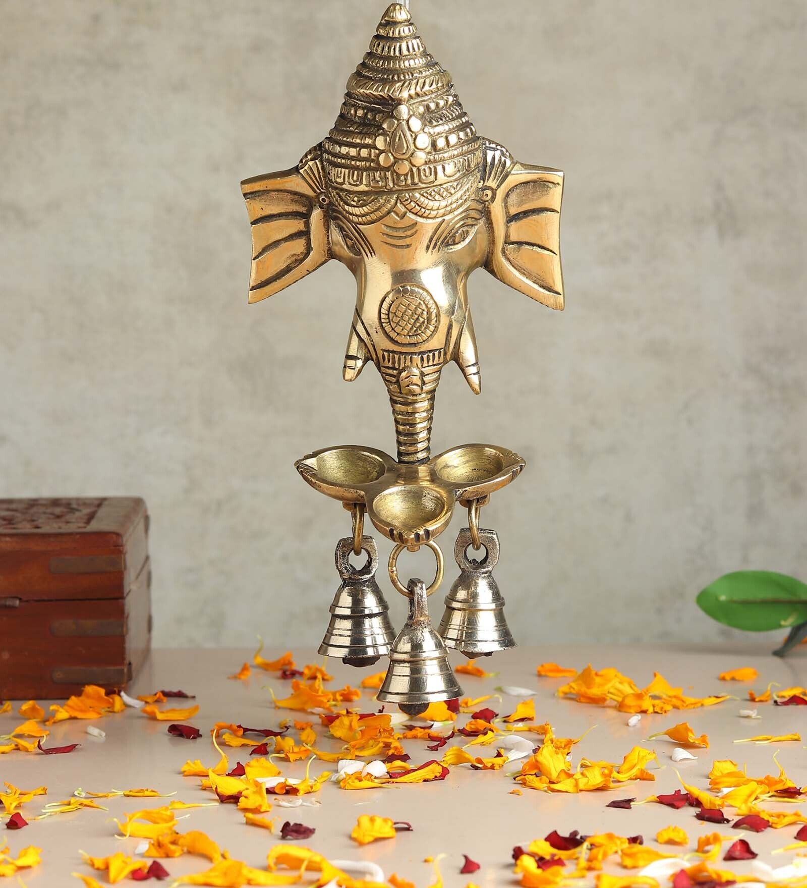 Golden Ganesha Brass Wall Decor with Hanging Diyas and Bells