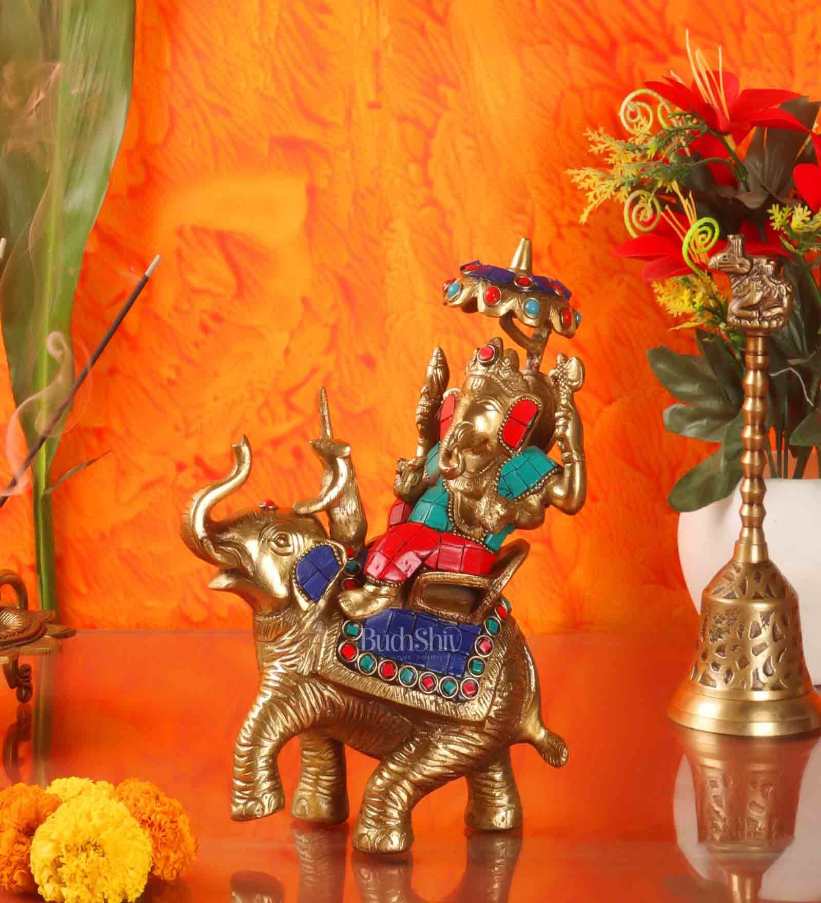 Ganesha On Elephant Brass Religious Idol