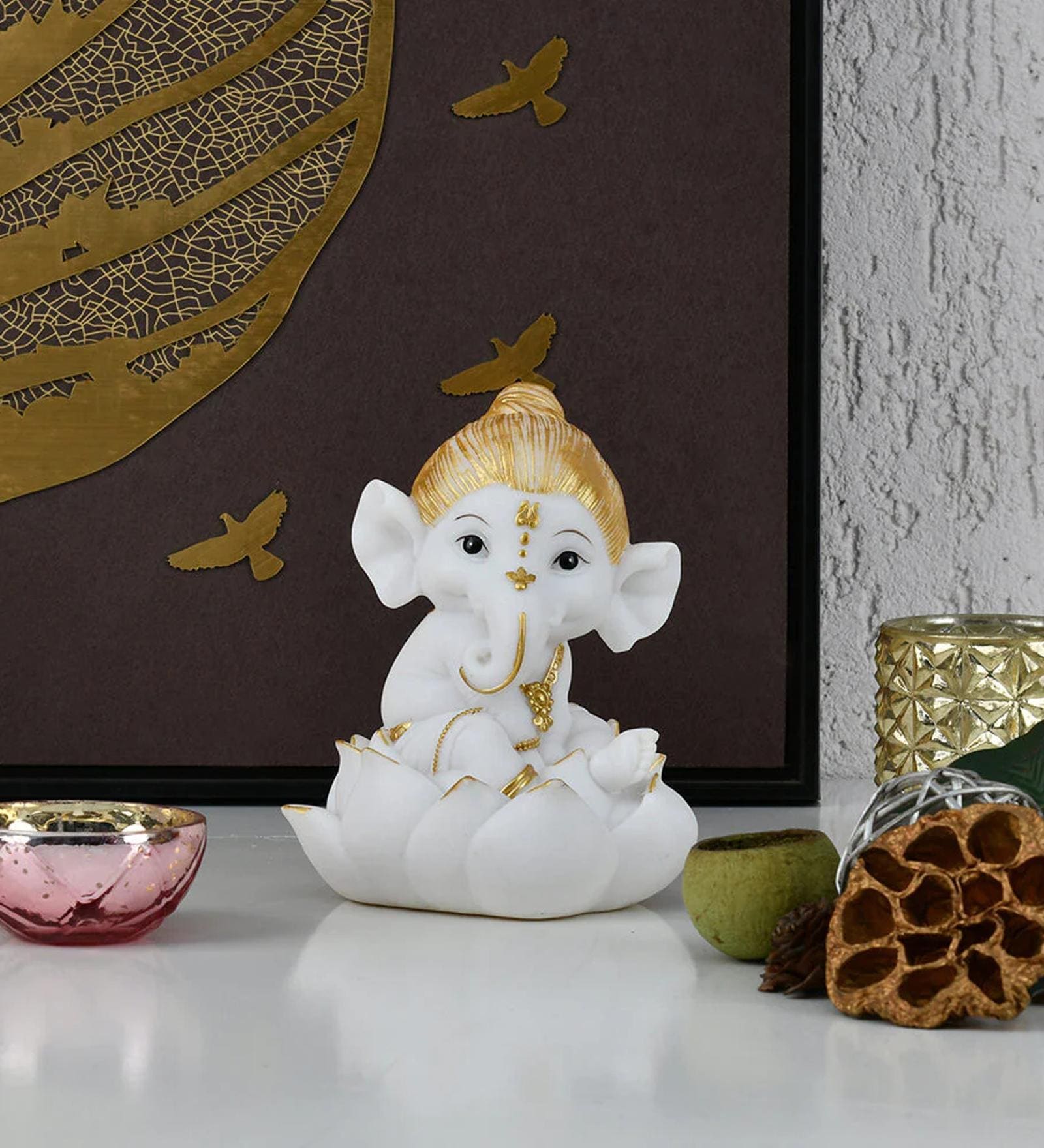 Ganesha On Lotus White & Gold Polyresin Religious Idols