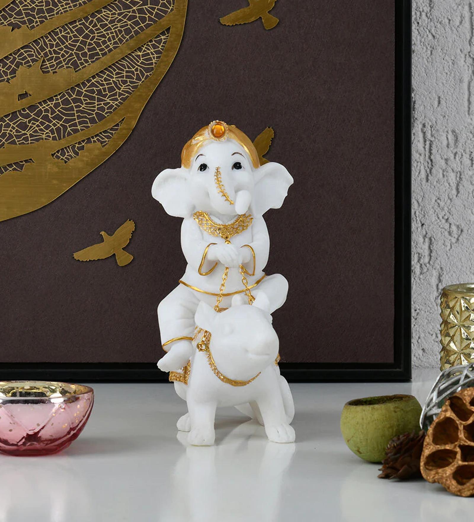 Ganesha On Mouse White & Gold Polyresin Religious Idols