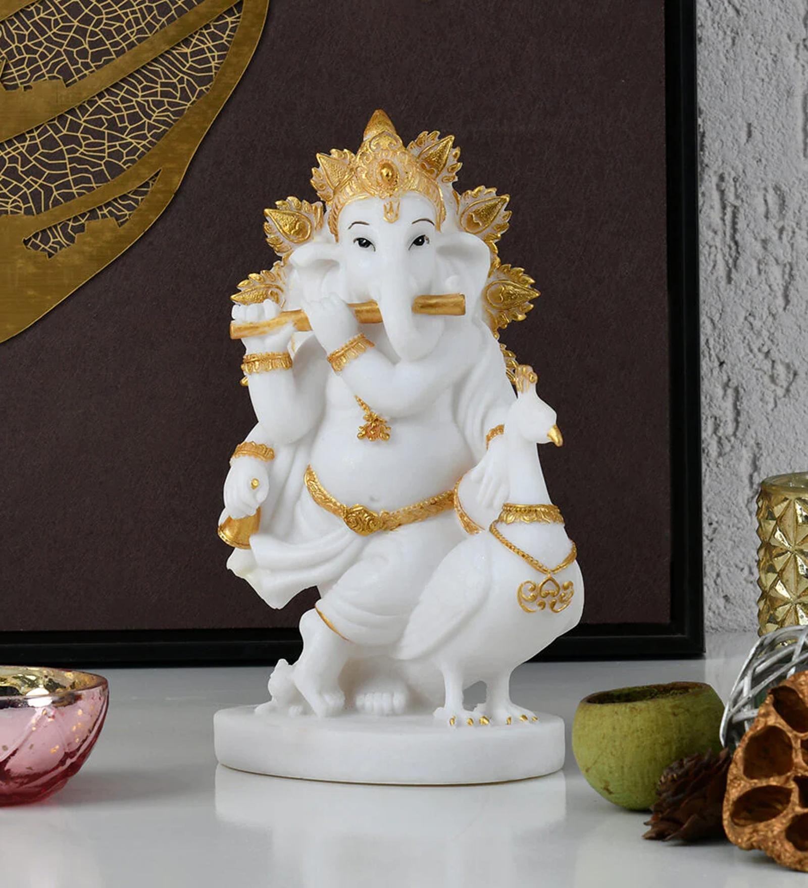 Ganesha On Peocock White & Gold Polyresin Religious Idols
