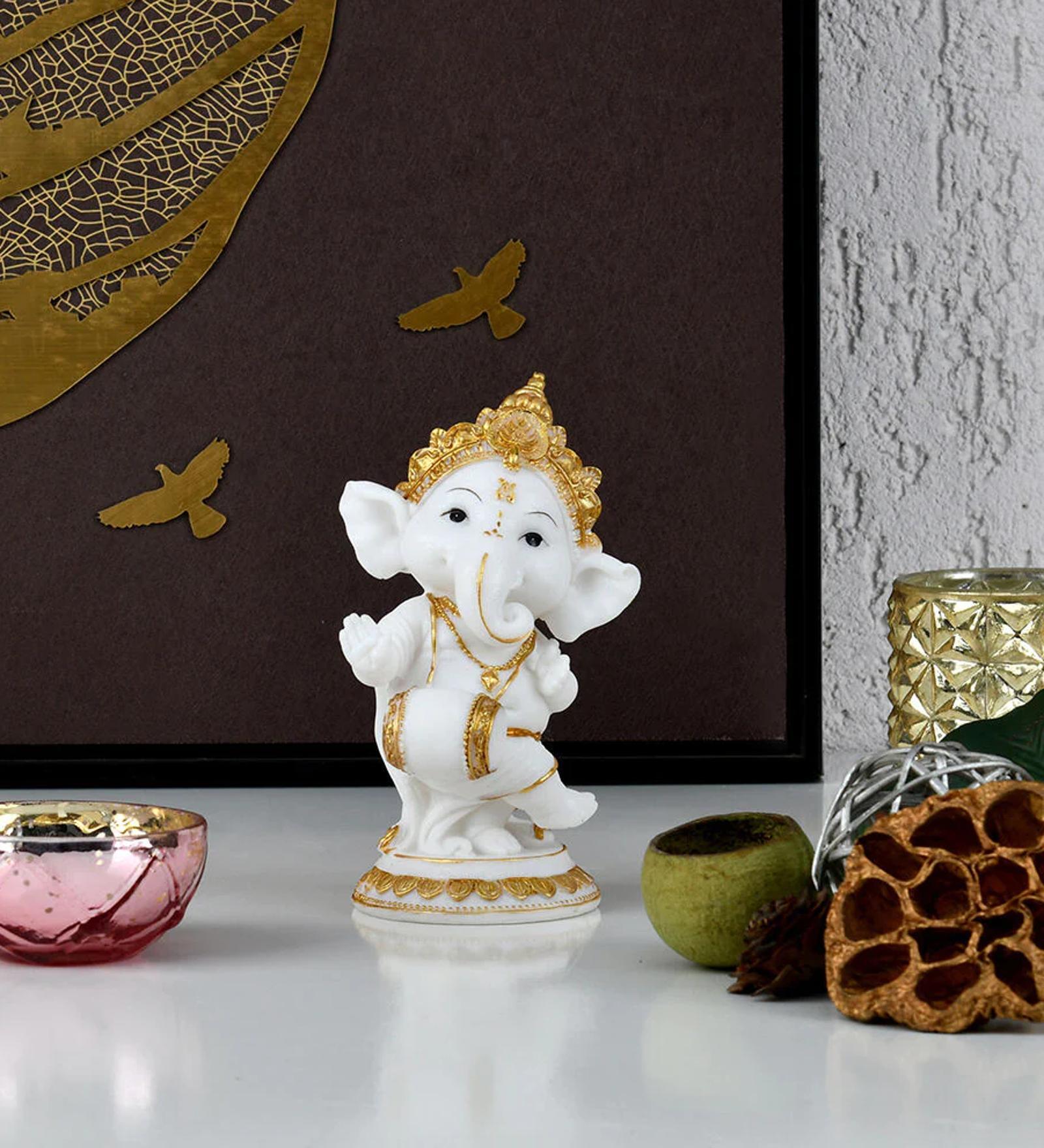 Ganesha Playing Dholak White & Gold Polyresin Religious Idols