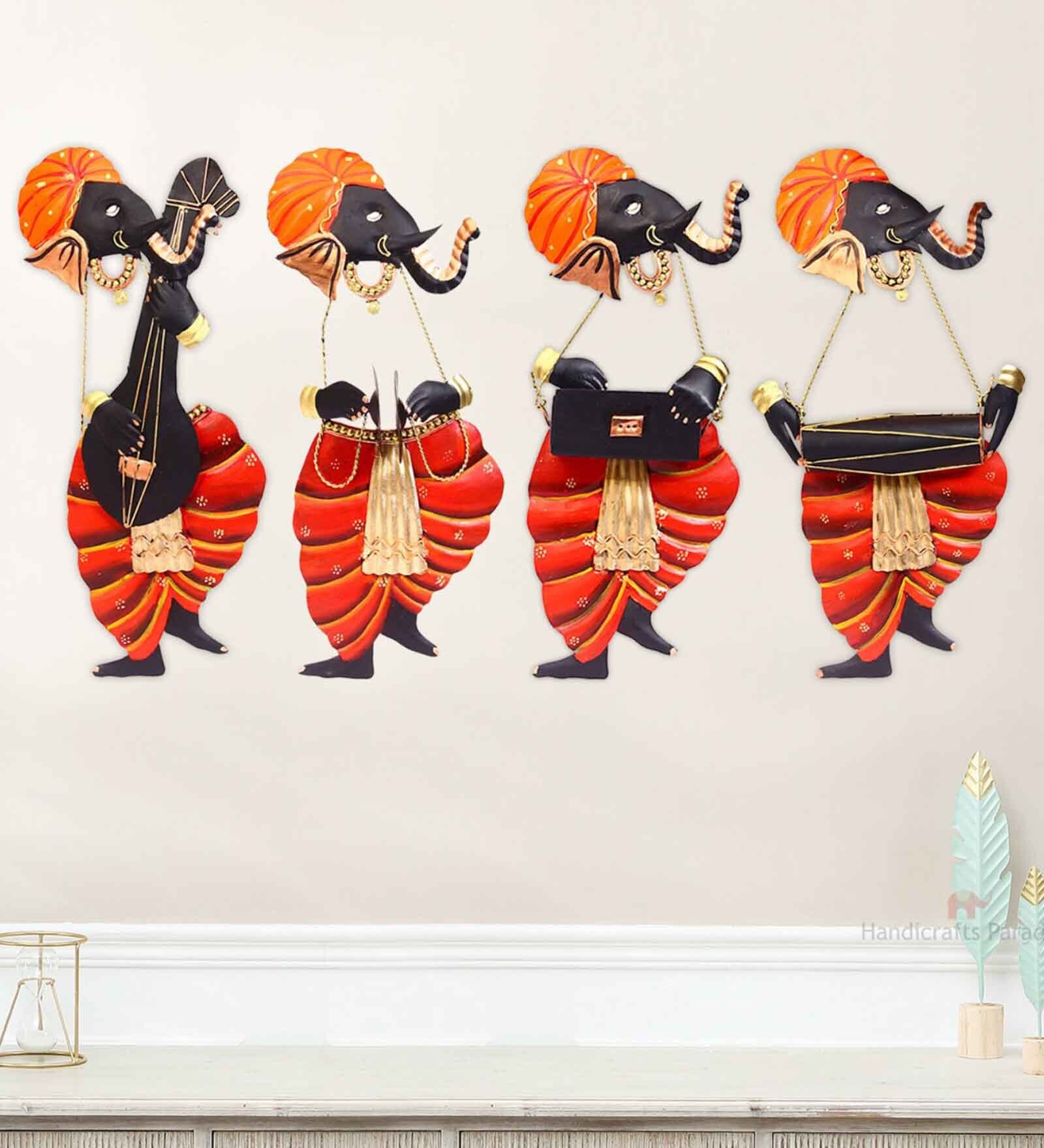 Ganesha Playing Flute Multicolour Iron (Pack of 2) Wall Art