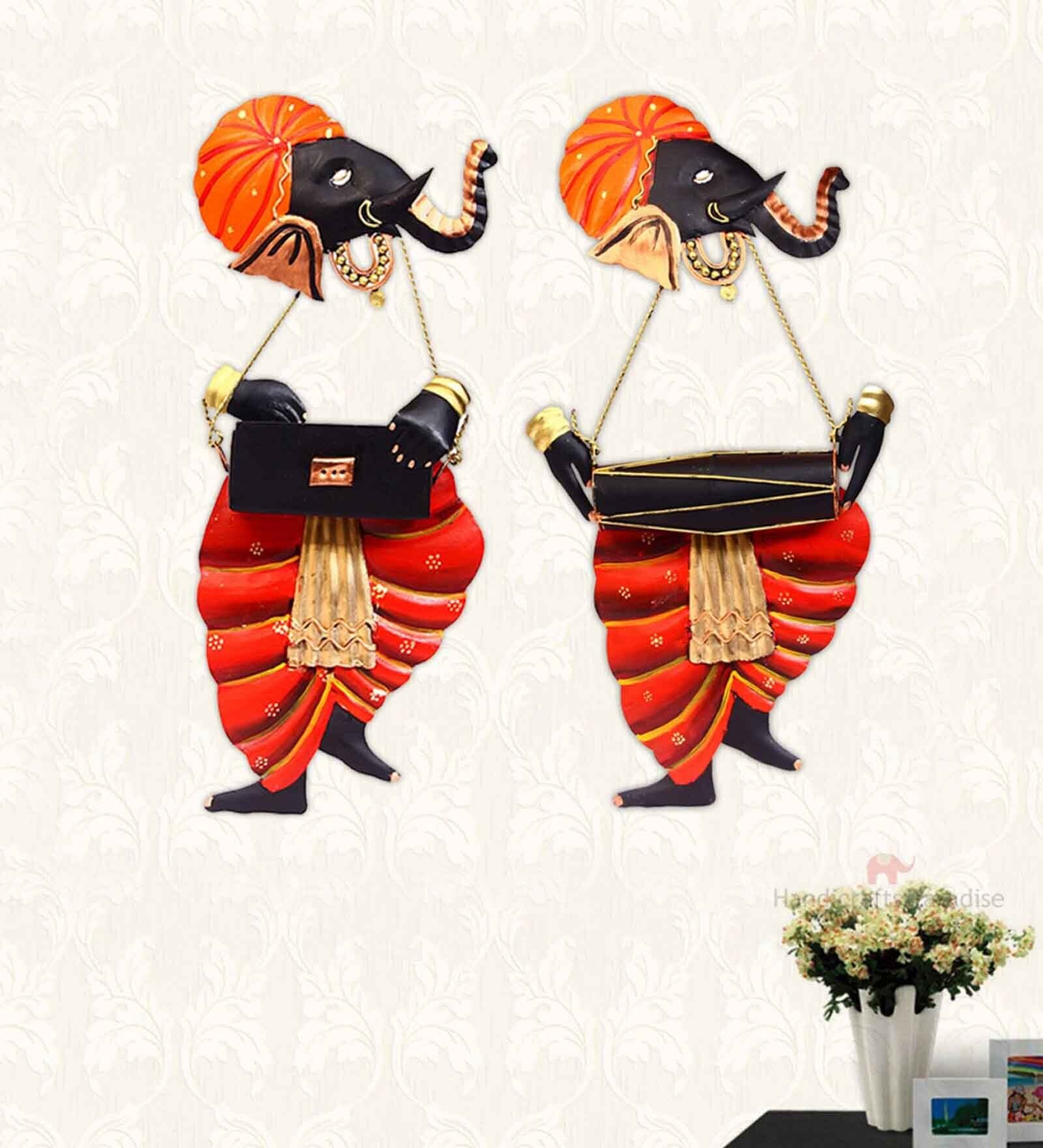 Ganesha Playing Flute Multicolour Iron (Pack of 2) Wall Art