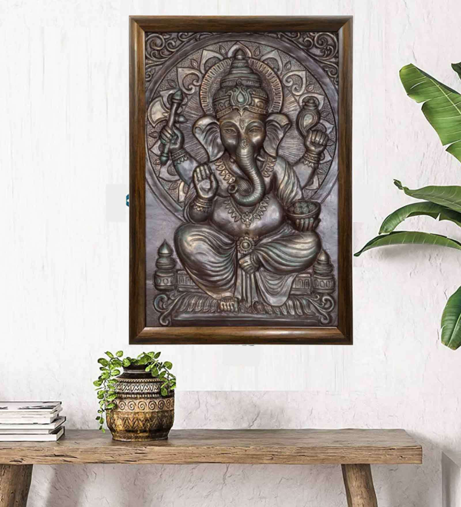 Ganesha Relief Wall Mural In Bronze Patina