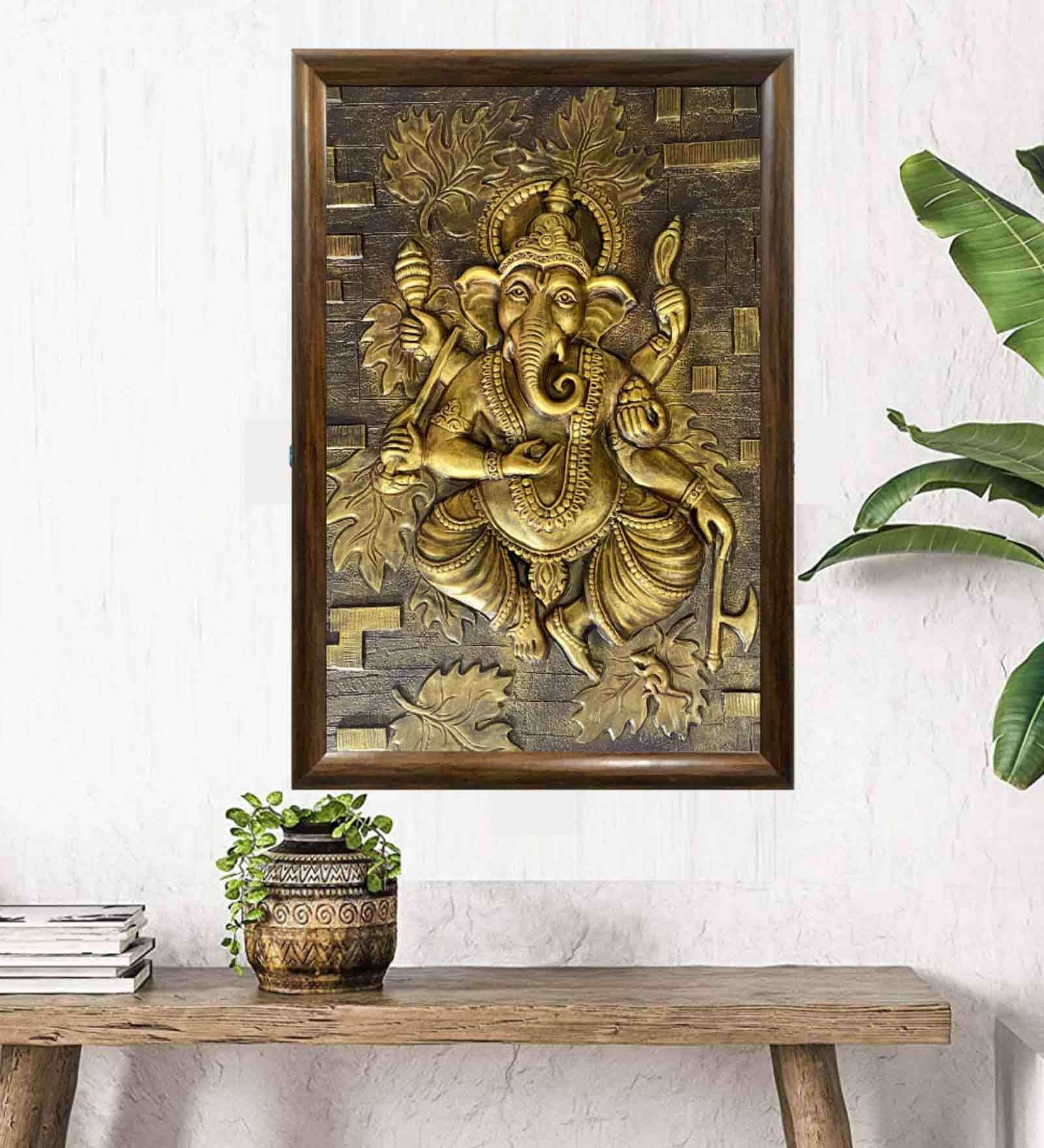 Ganesha Relief Wall Mural In Golden