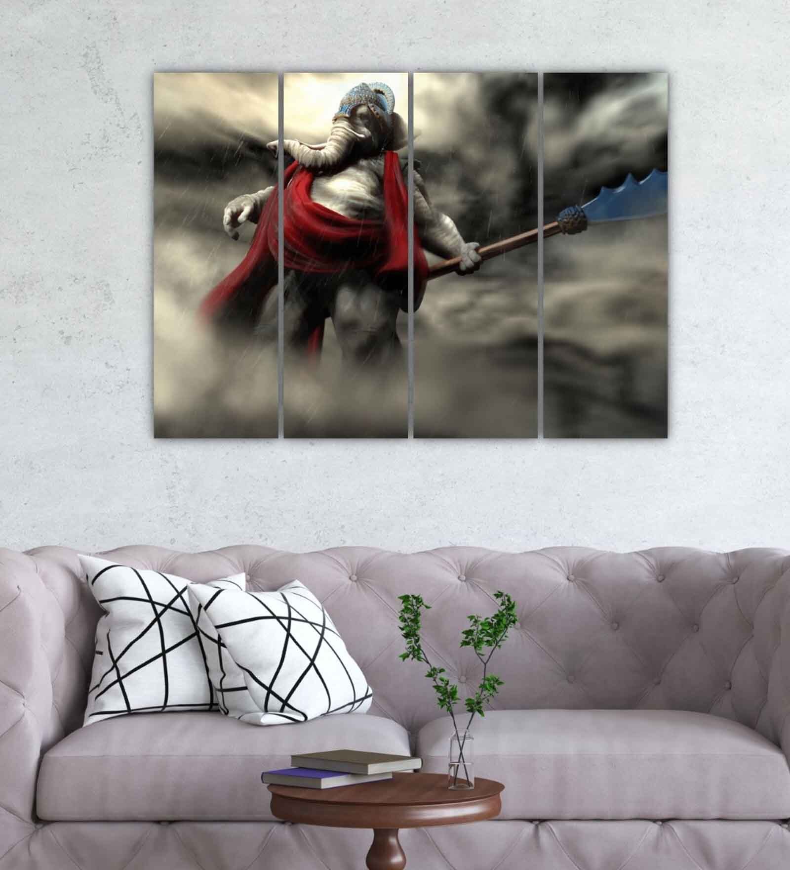 Lord Ganesha Grey Wood Framed Spiritual Panel Set of 4