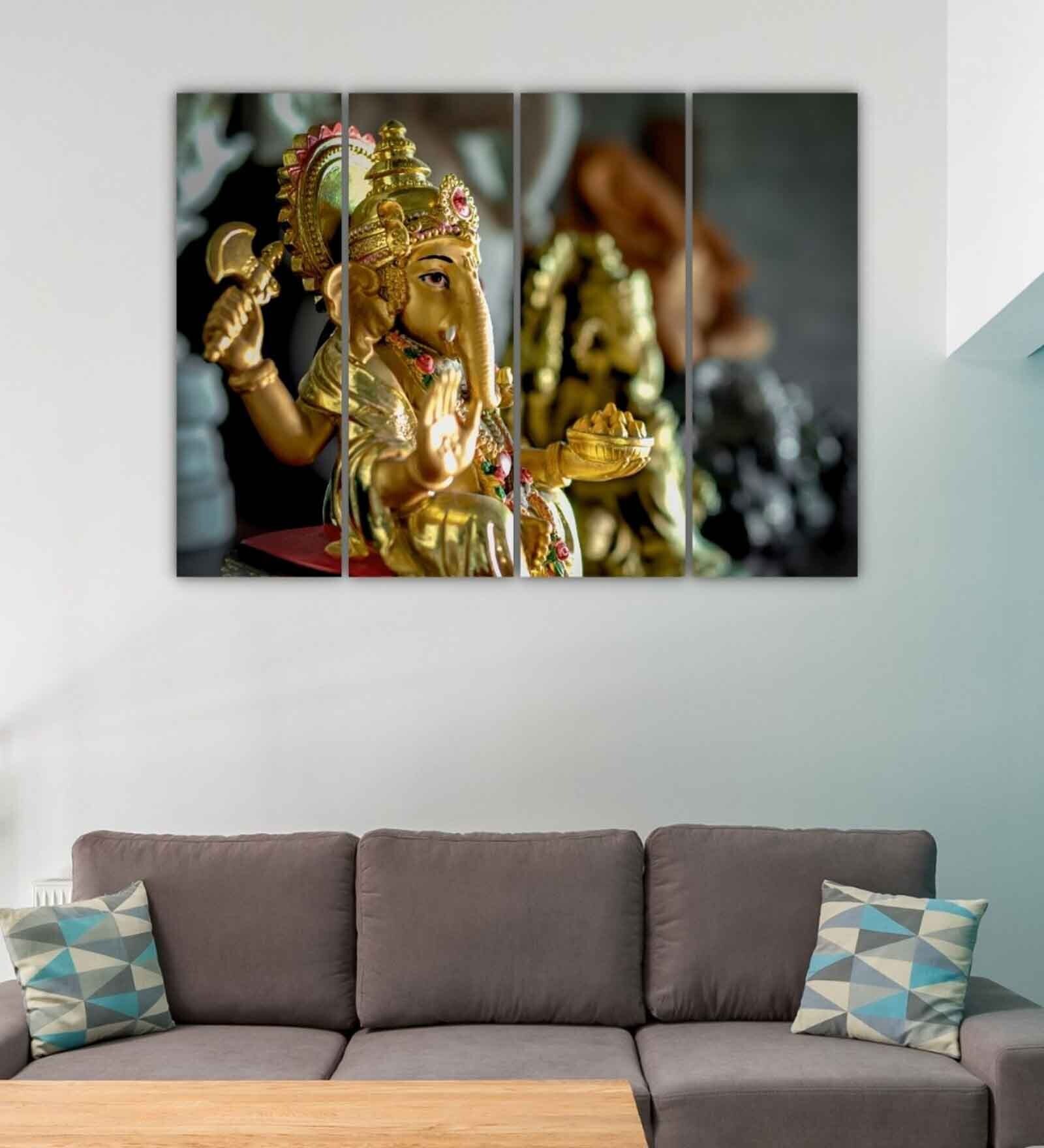 Lord Ganesha's Gold Wooden Framed Spiritual Art Panel Set of 4