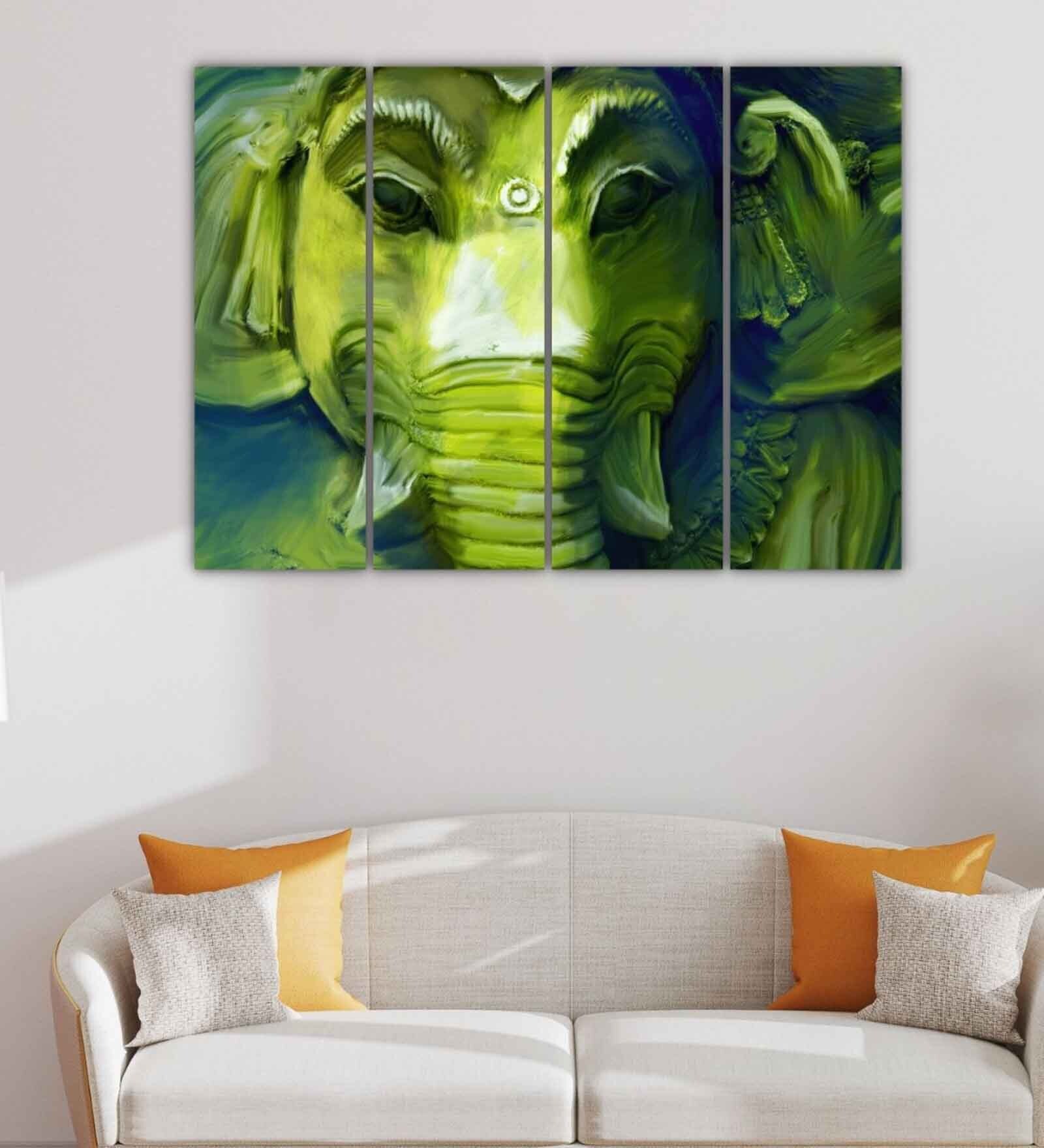 Lord Ganesha Green Wood Framed Spiritual Art Panel Set of 4