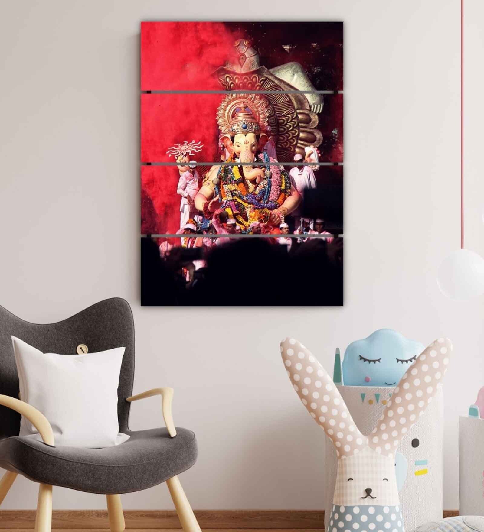 Ganesha Religious Red Wood Framed Spiritual Art Panel Set of 4