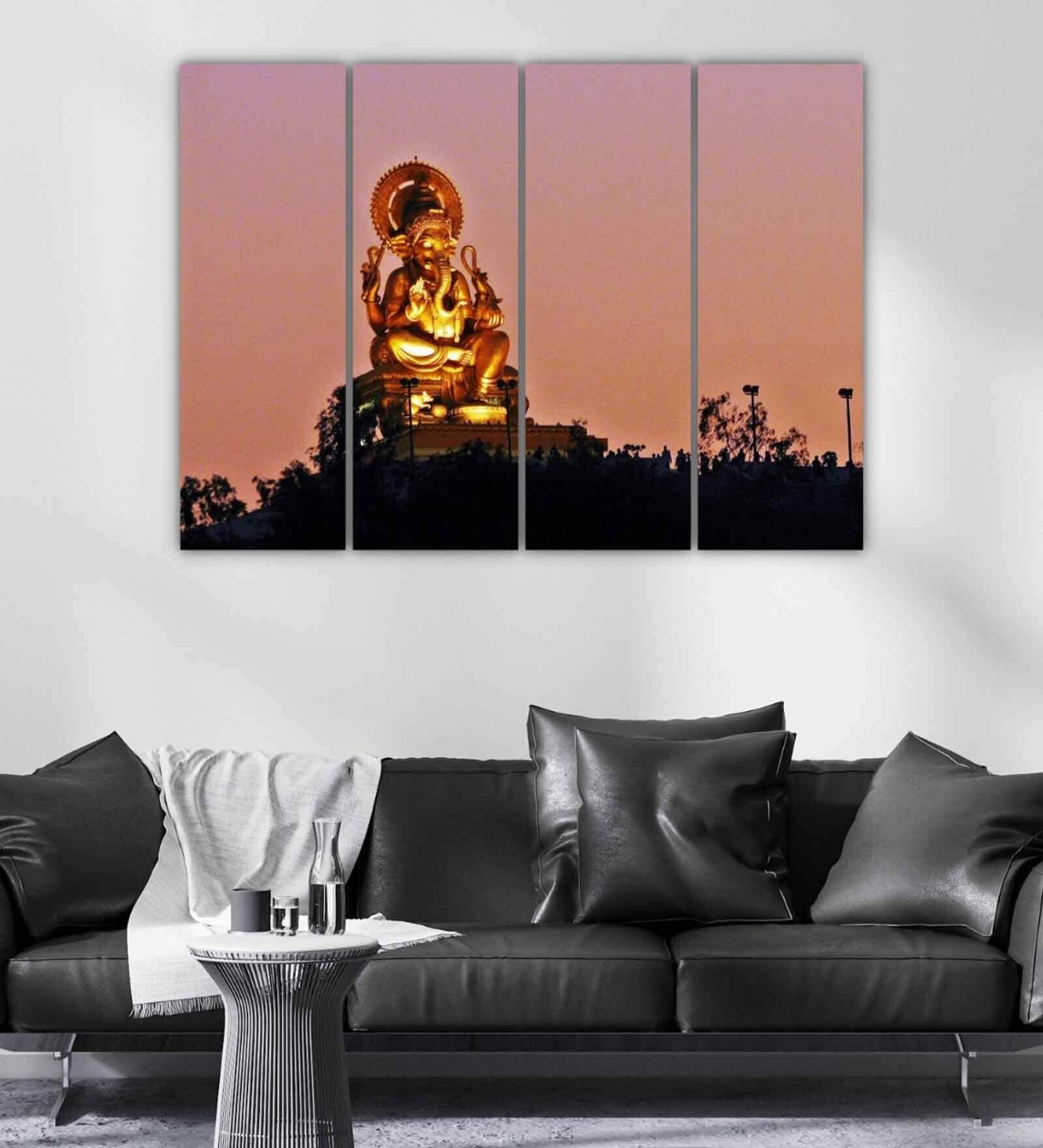 Lord Ganesha Gold Wood Framed Spiritual Art Panel Set of 4