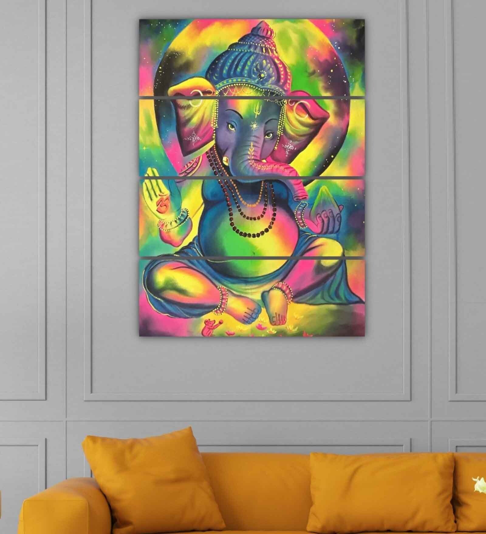 Lord Ganesha Multicolour Wooden Framed Spiritual Art Panel Set of 4