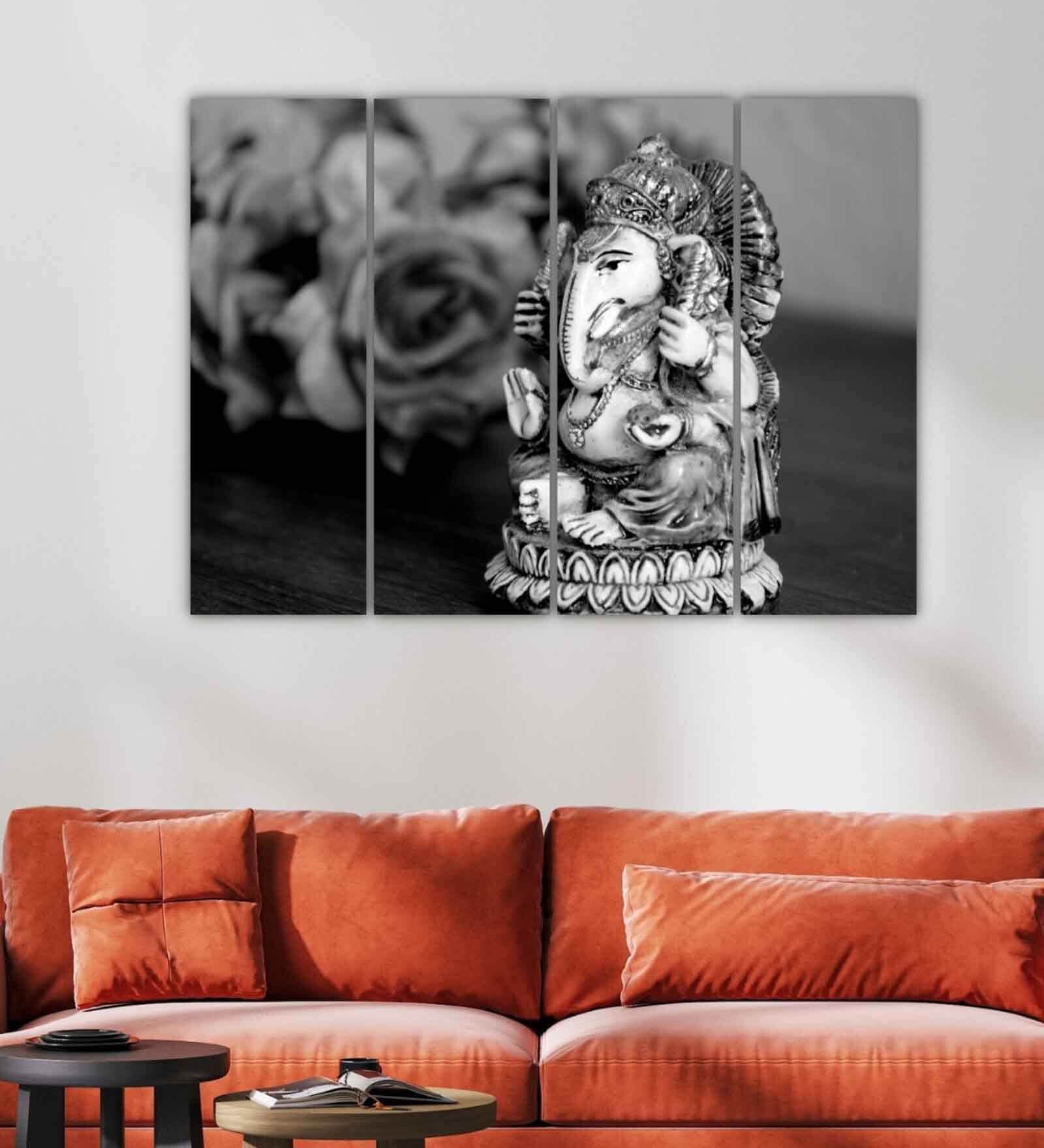 Lord Ganesha Grey Wooden Framed Spiritual Art Panel Set of 4
