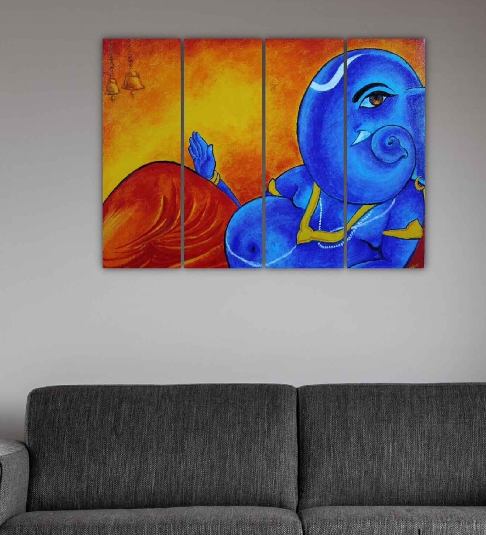 Lord Ganesha Blue Wooden Framed Spiritual Art Panel Set of 4