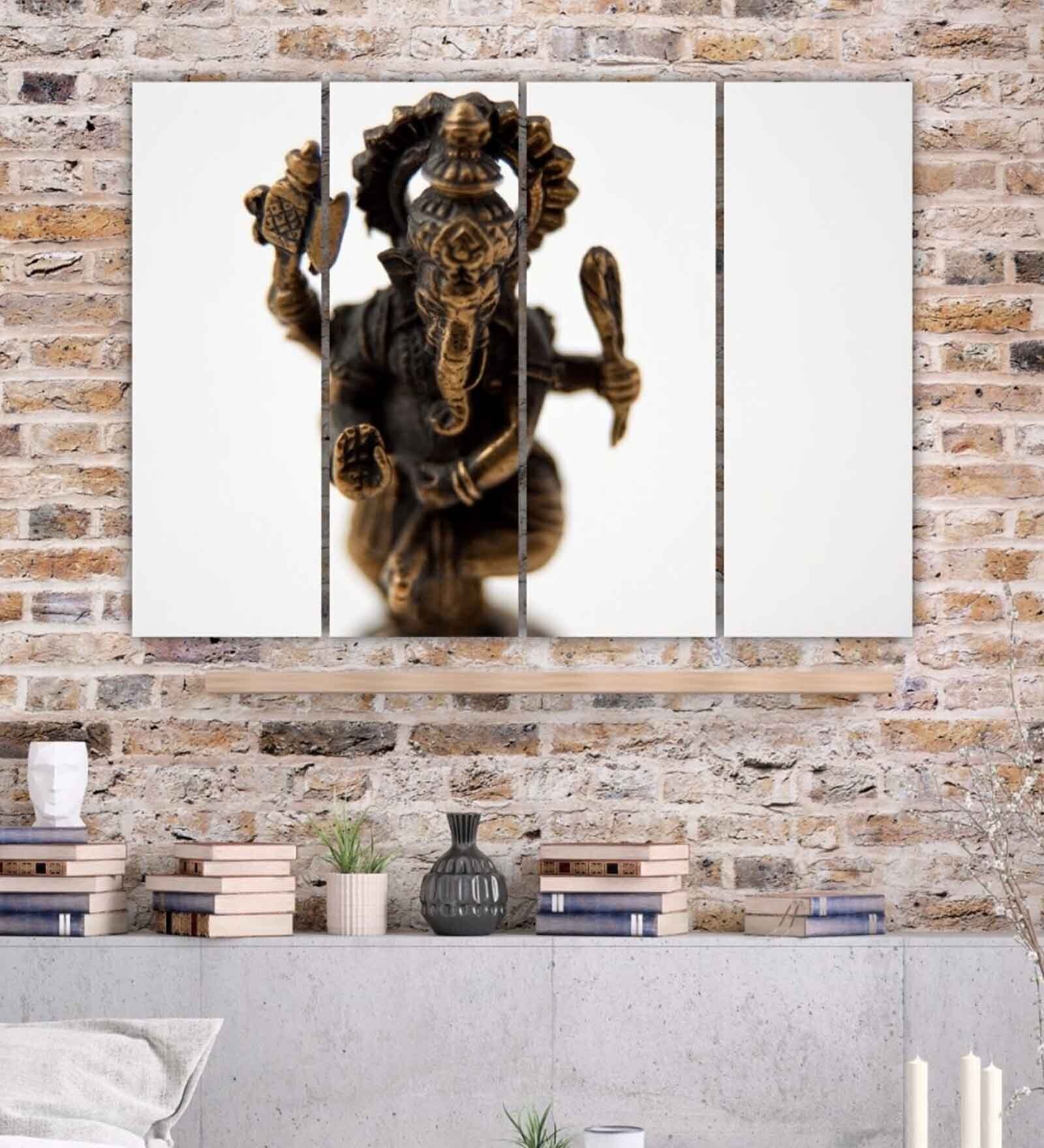 Lord Ganesha Gold Wooden Framed Spiritual Art Panel Set of 4