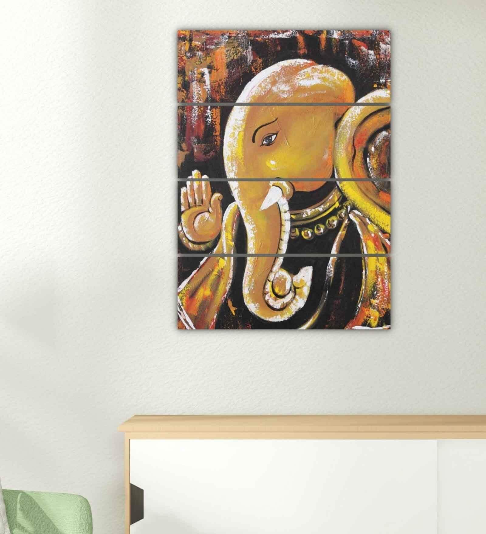 Lord Ganesha Brown Wood Framed Spiritual Panel Set of 4