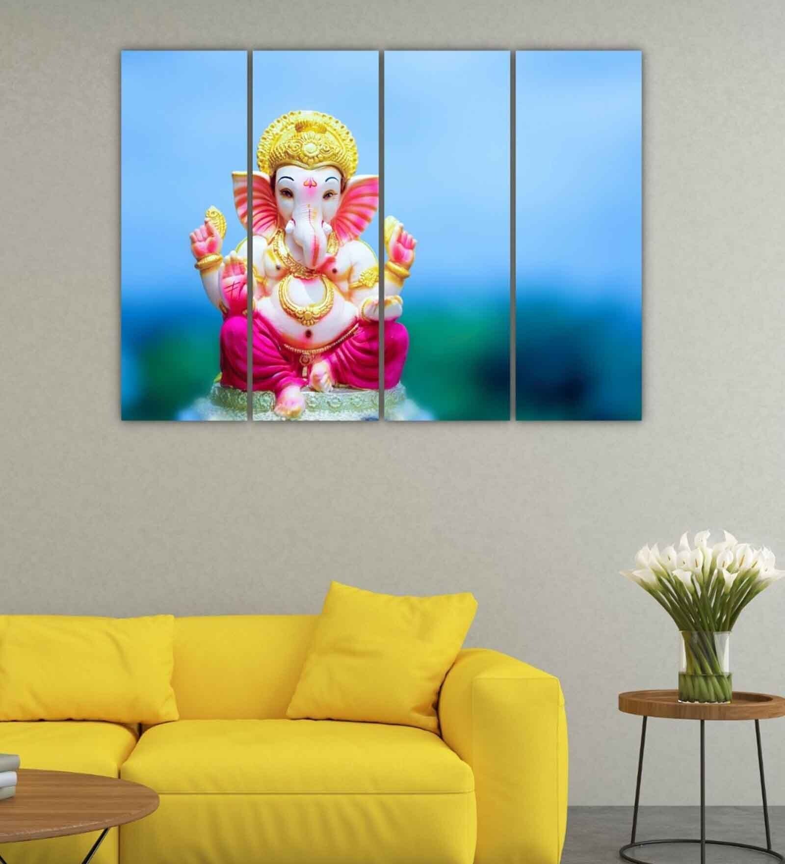 Lord Ganesha's Pink Wood Framed Spiritual Art Panel Set of 4