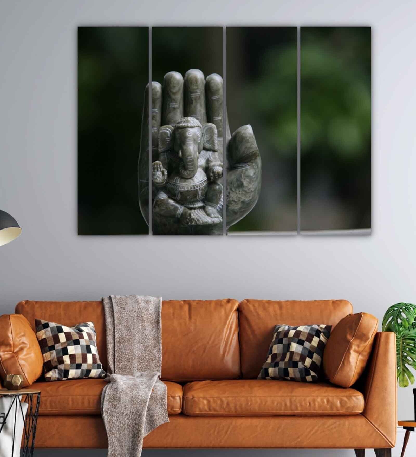 Lord Ganeshaya Grey Wooden Framed Spiritual Art Panel Set of 4