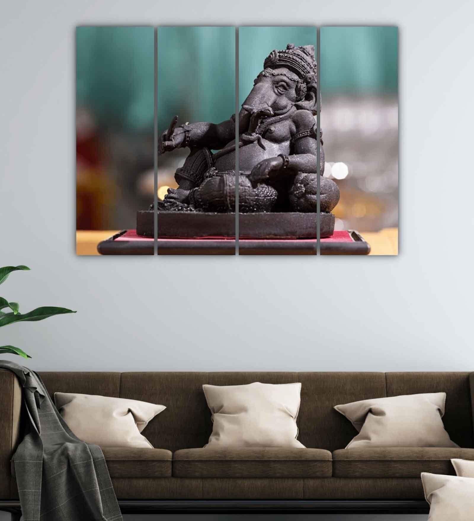 Lord Ganesha's Grey Wood Framed Spiritual Art Panel Set of 4