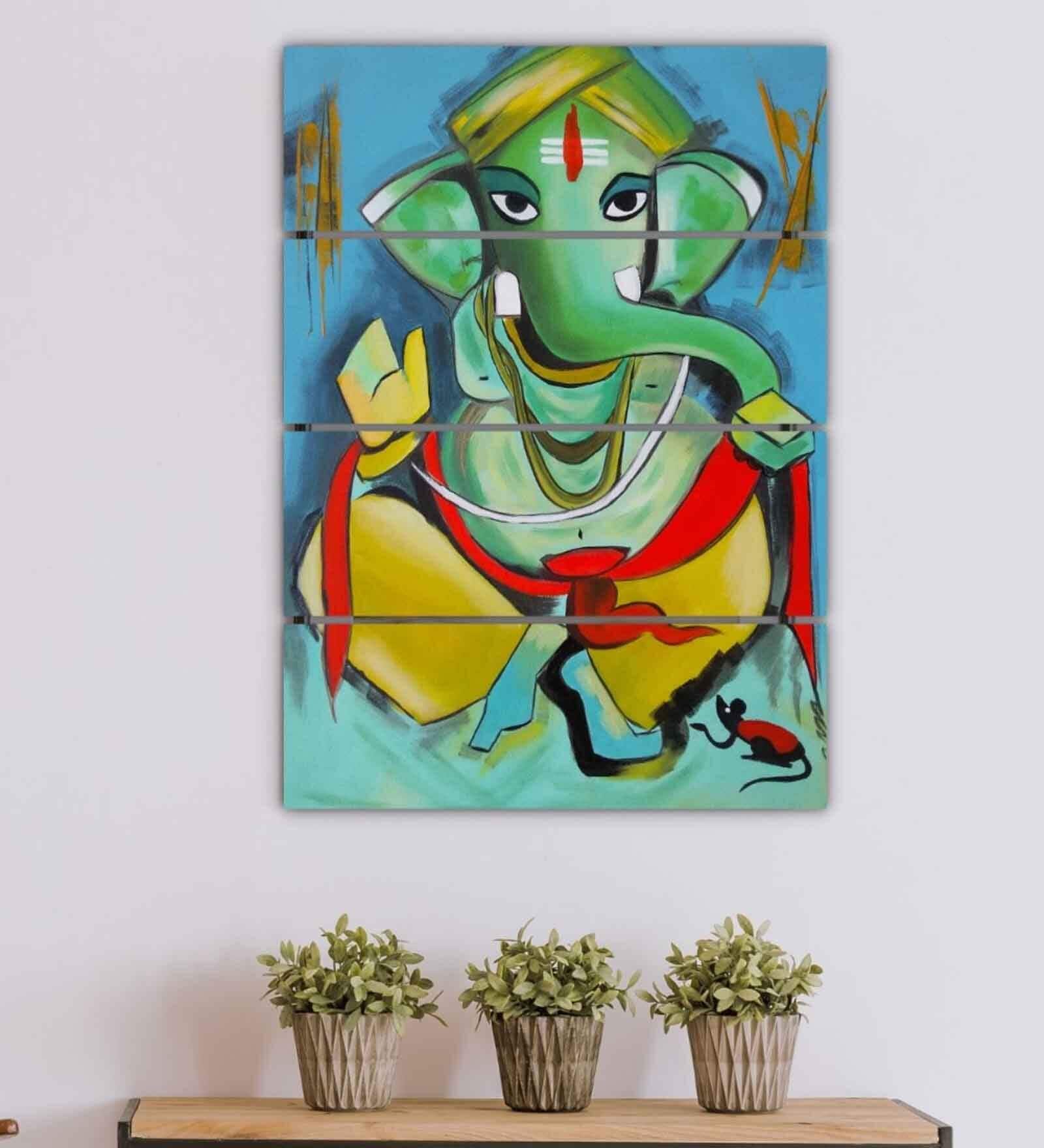 Lord Ganesha Green Wood Framed Spiritual Art Panel