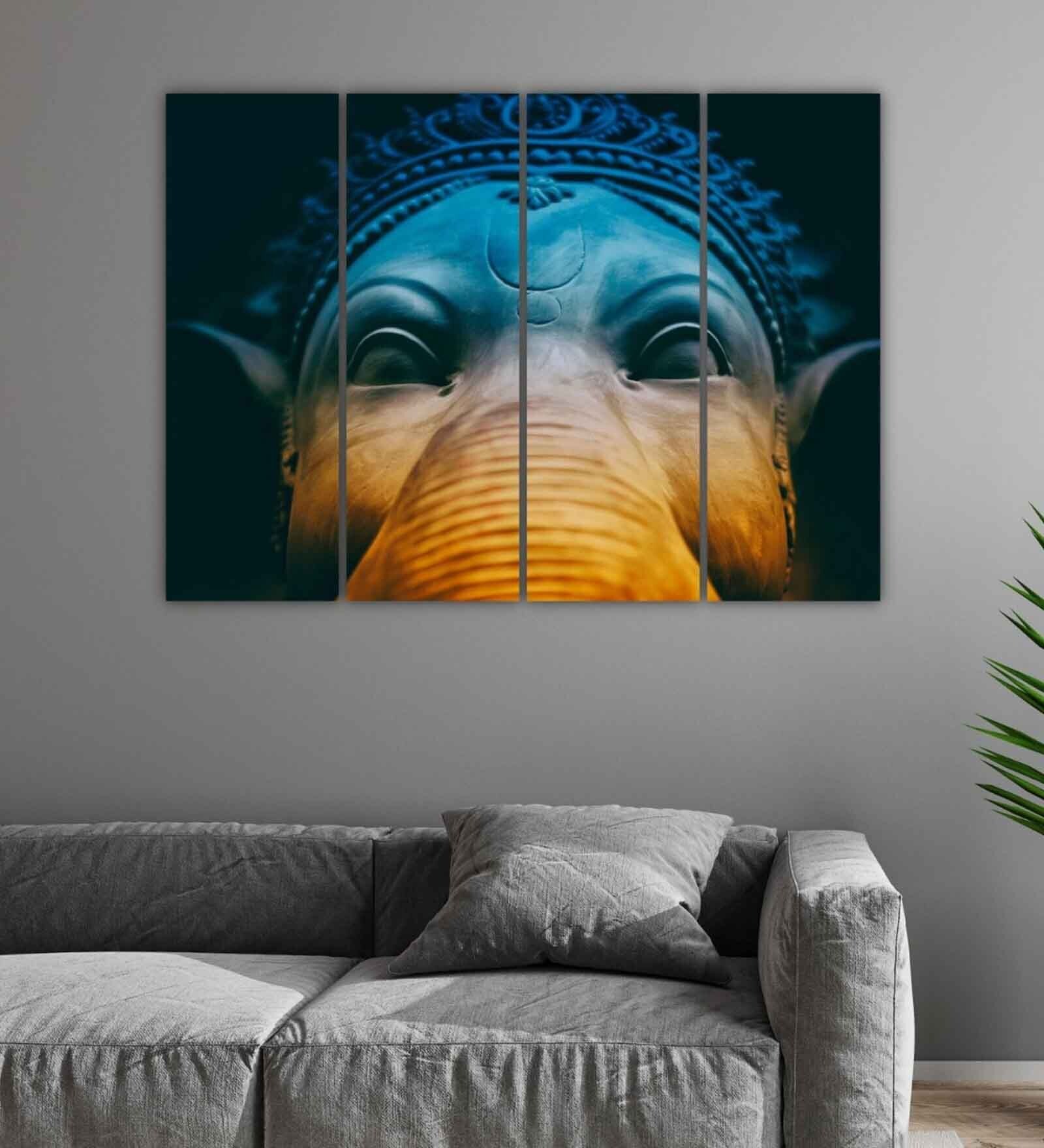 Lord Ganesha Blue Wood Framed Spiritual Art Panel Set of 4