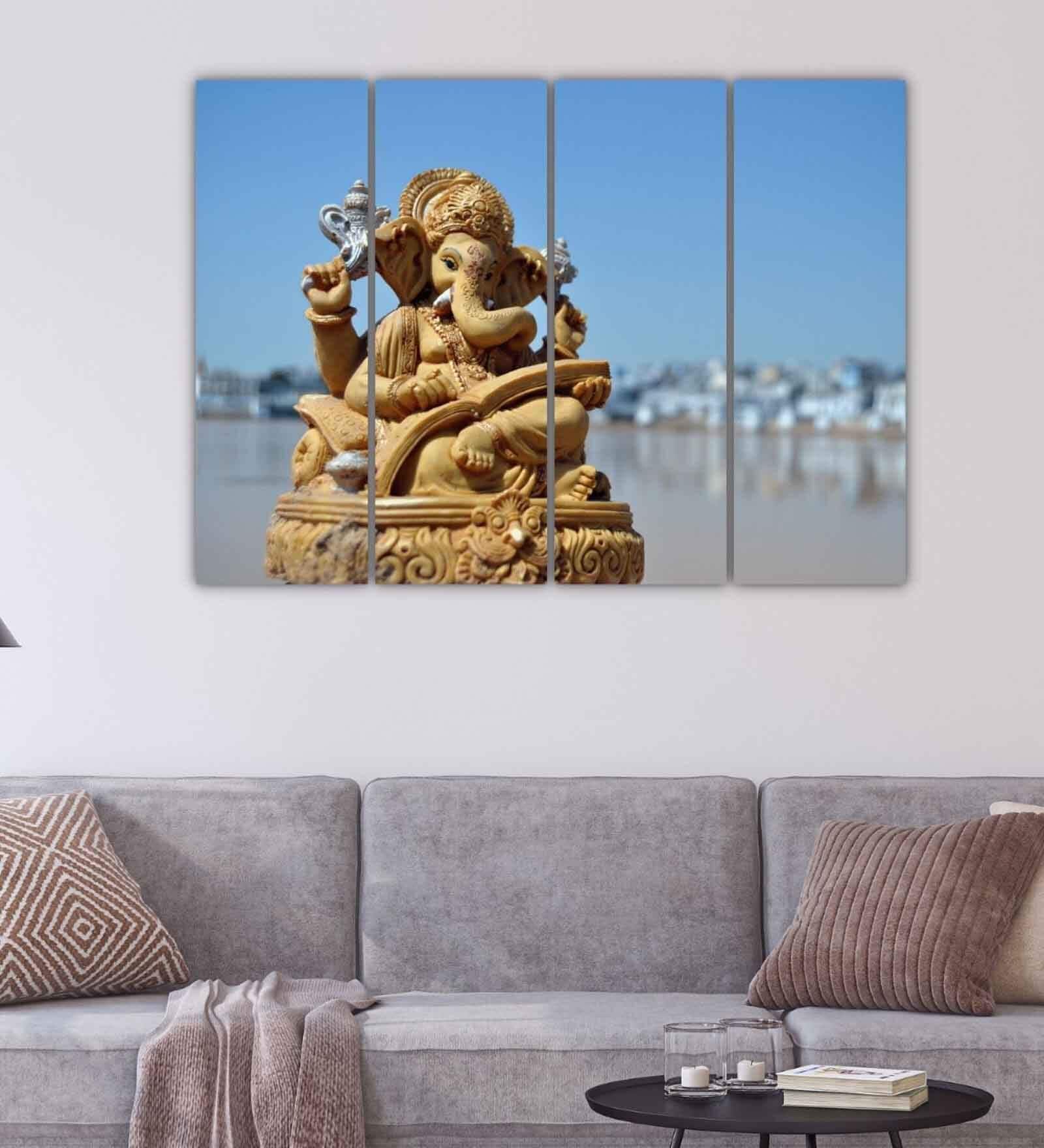 Lord Ganesha Brown Wood Frame Art Panel Set of 4