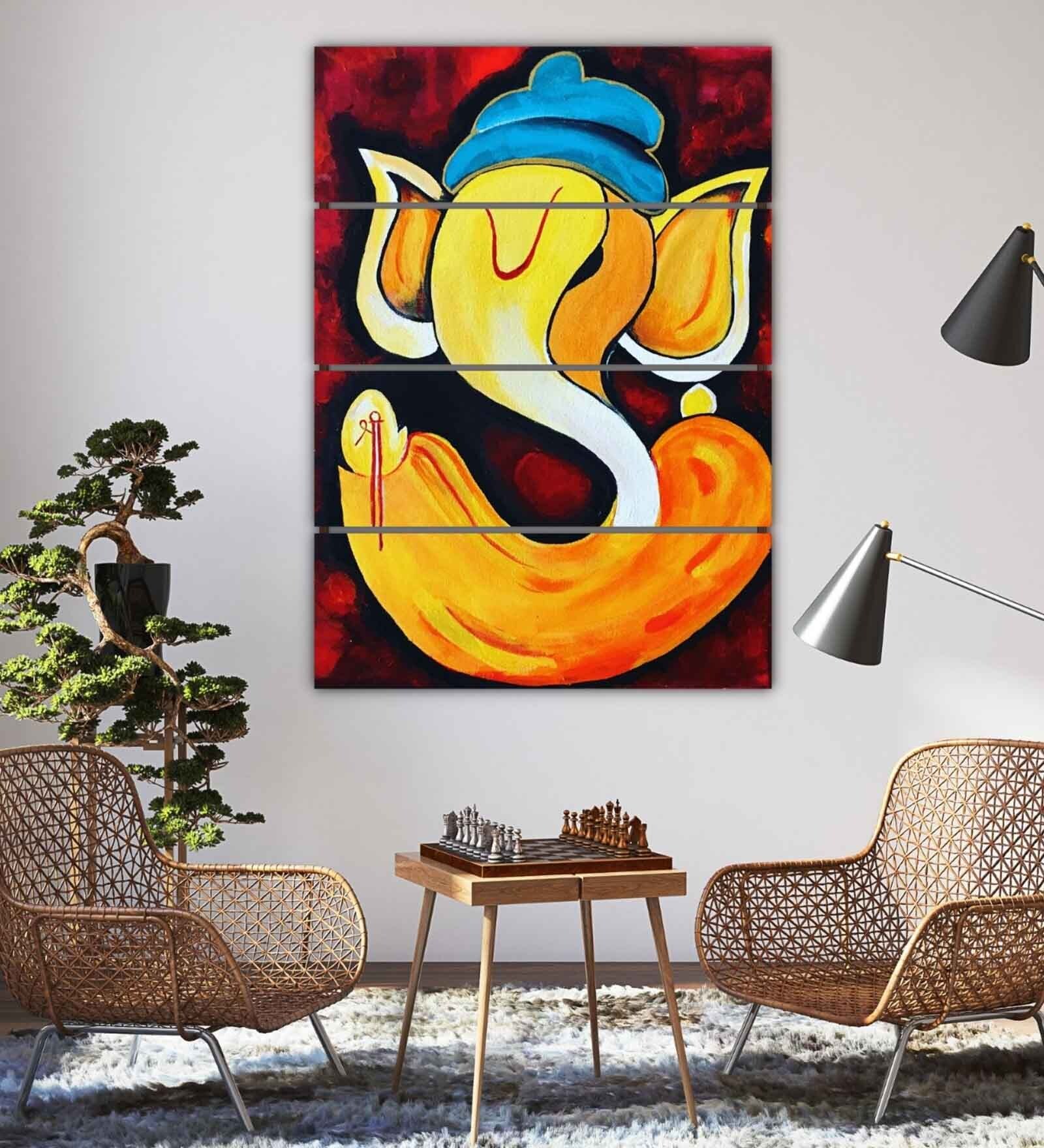 Lord Ganesha Yellow Wood Framed Spiritual Art Panel