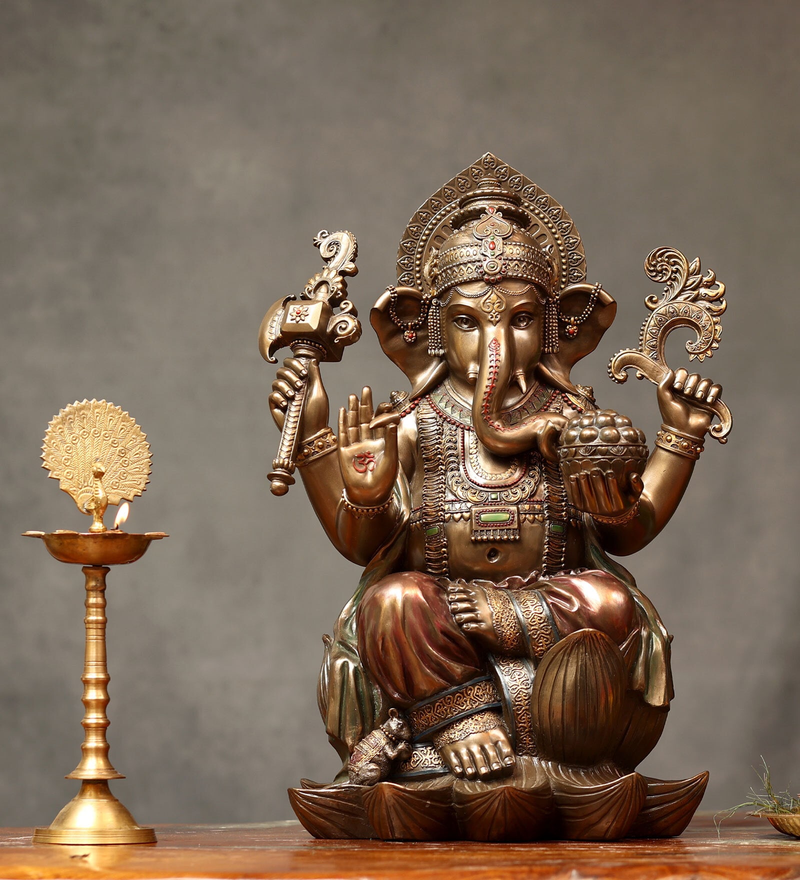 Ganesha With Laddu Brass Gold Religious Idol