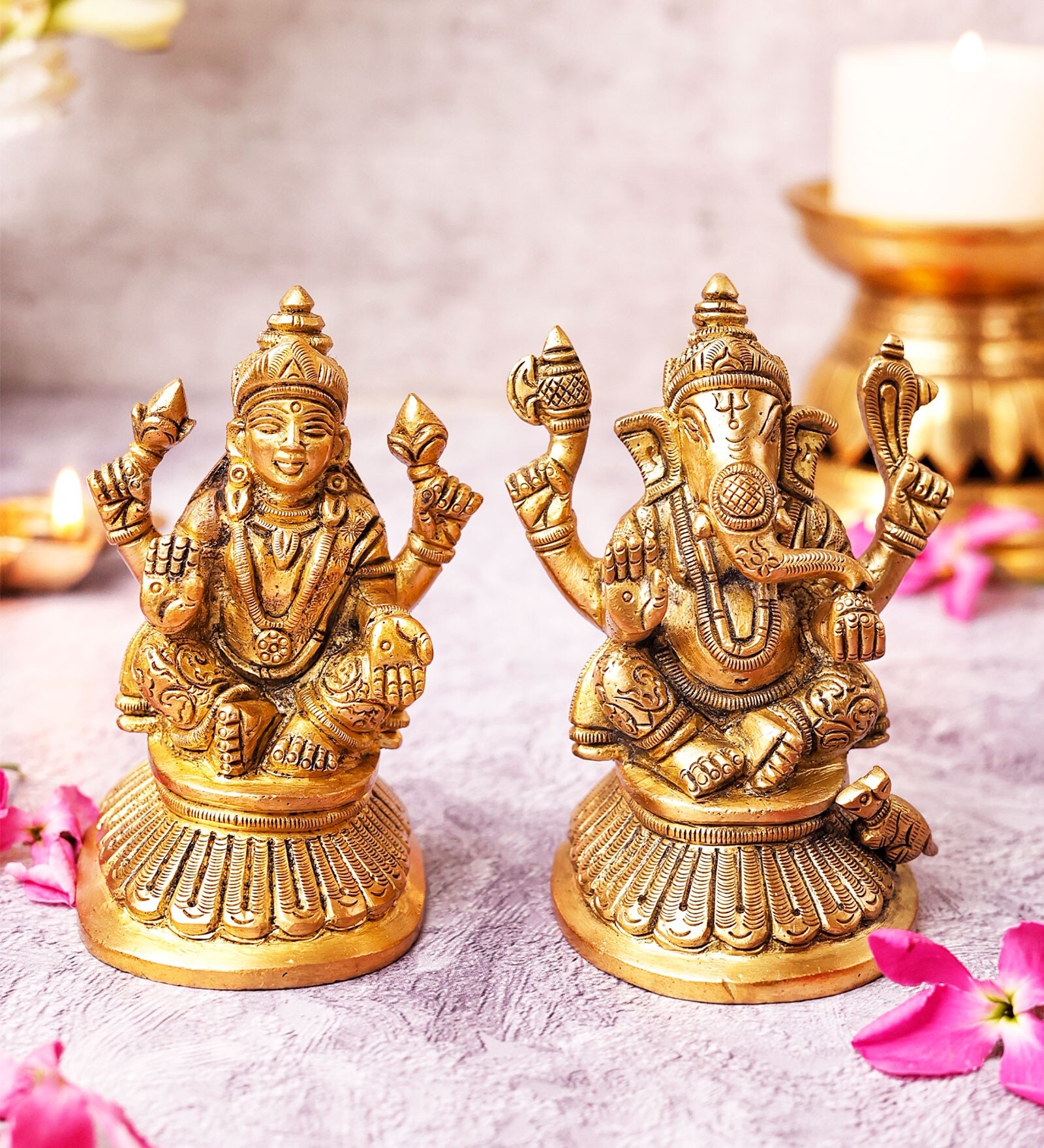Ganesha With Laxmi On High Base Brass Religious Idol