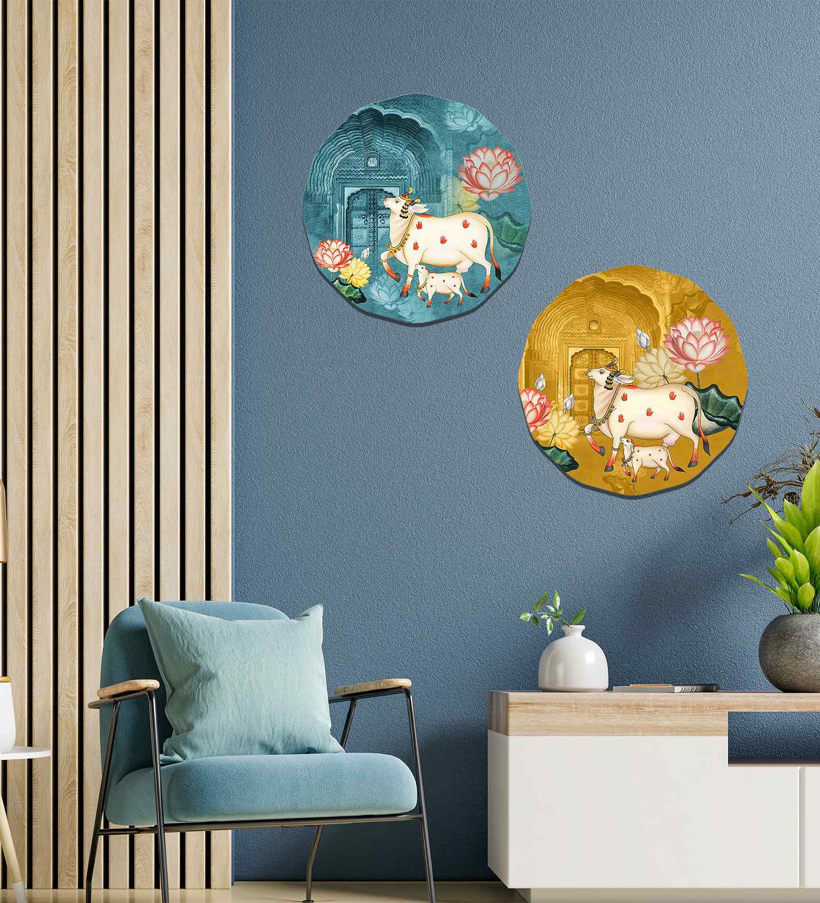 Set of 2  Kamdhenu Cow & Calf Decorative Wall Art