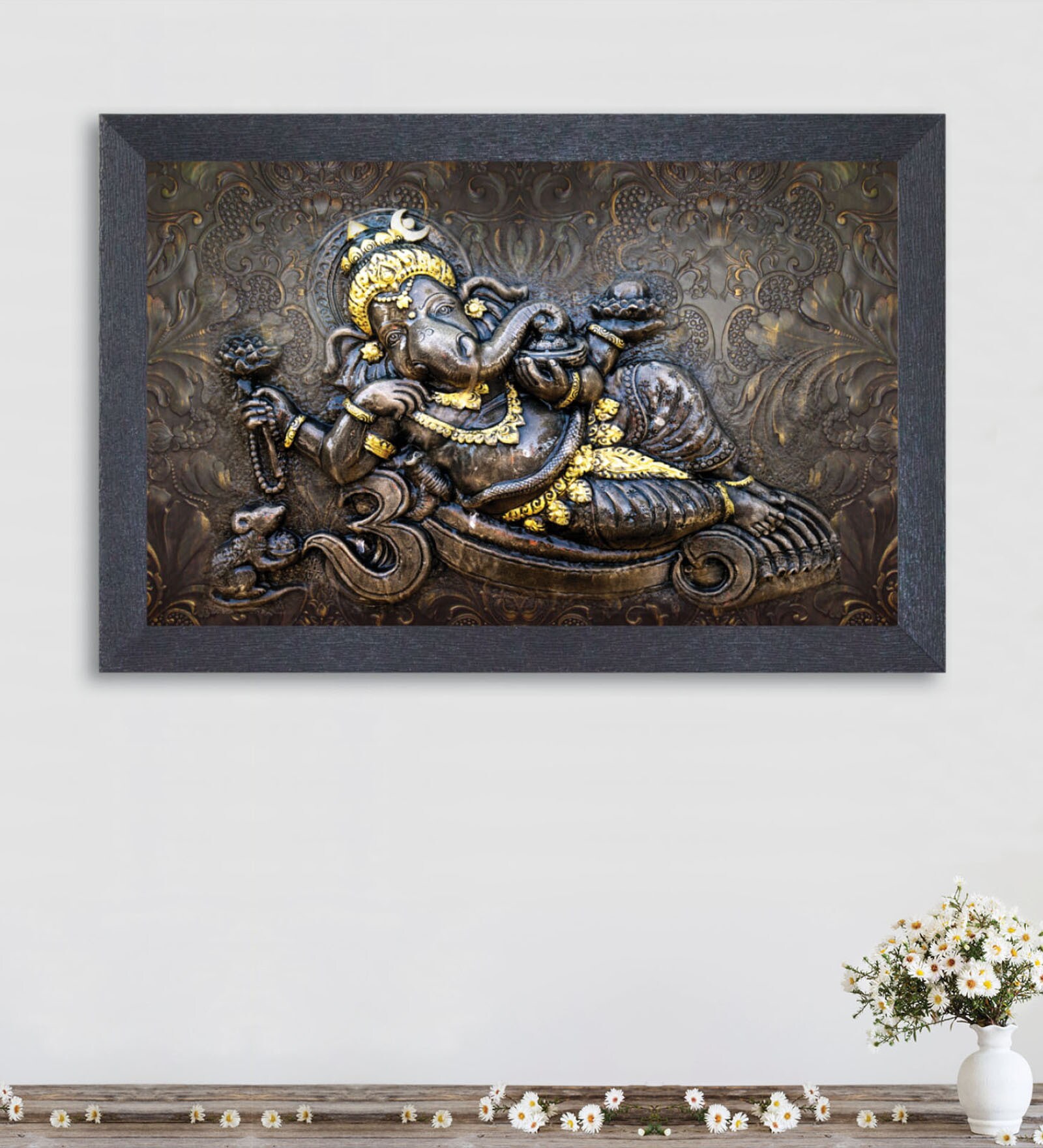 Ganpati Framed Multicolour Synthetic Art Prints