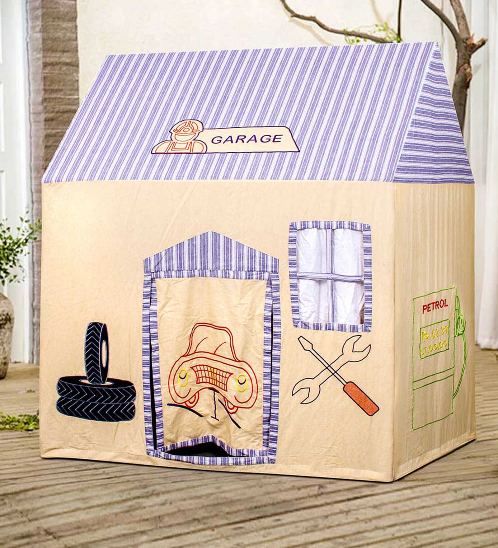 Garage Kids Tent House In Blue And Beige Colour