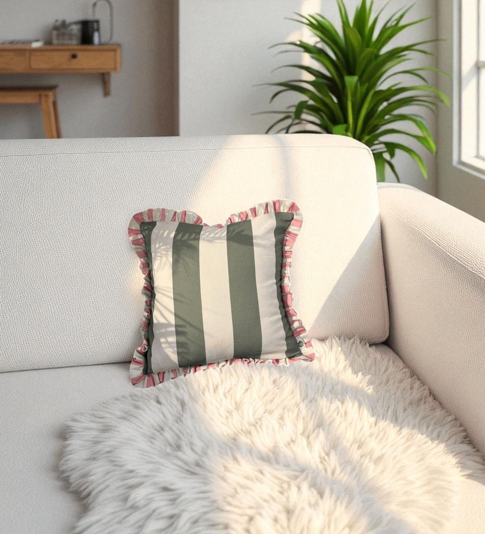 Olive Striped Striped Cotton Ruffle 18x18 inches Cushion Cover