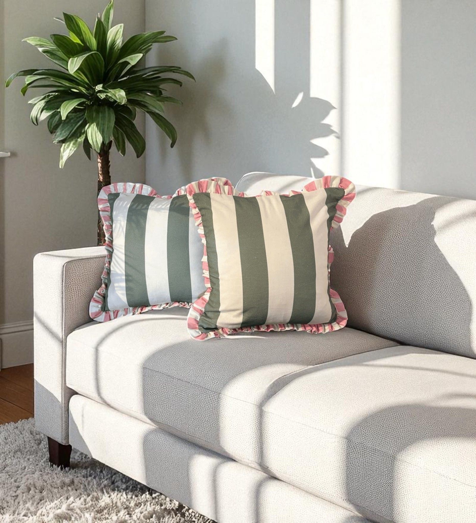 Olive  Striped Striped Cotton Ruffle 18x18 inches Cushion Covers Set of 2